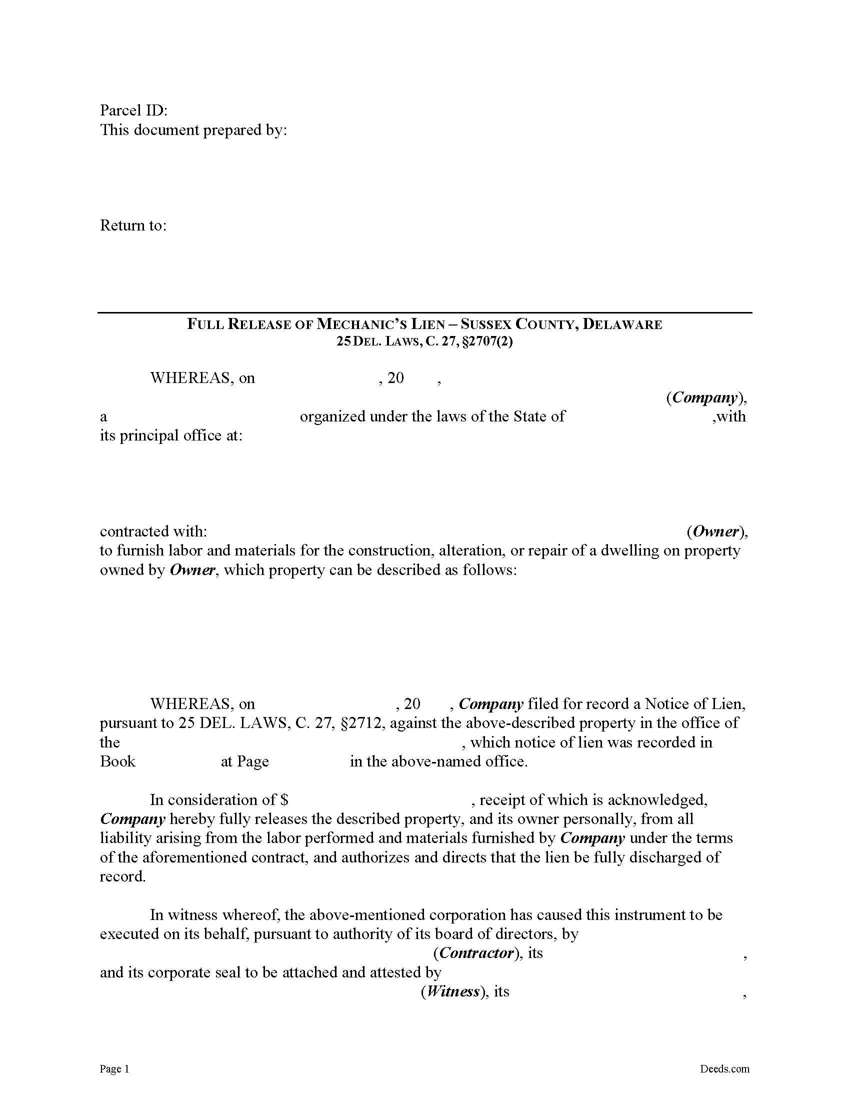 Delaware Full Lien Release Image