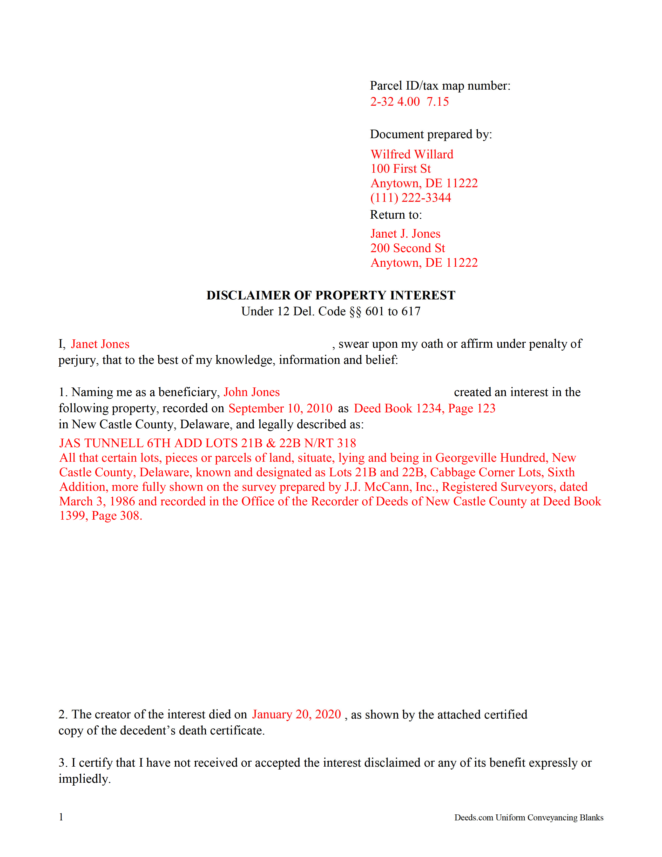 New Castle County Completed Example of the Disclaimer of Interest Document