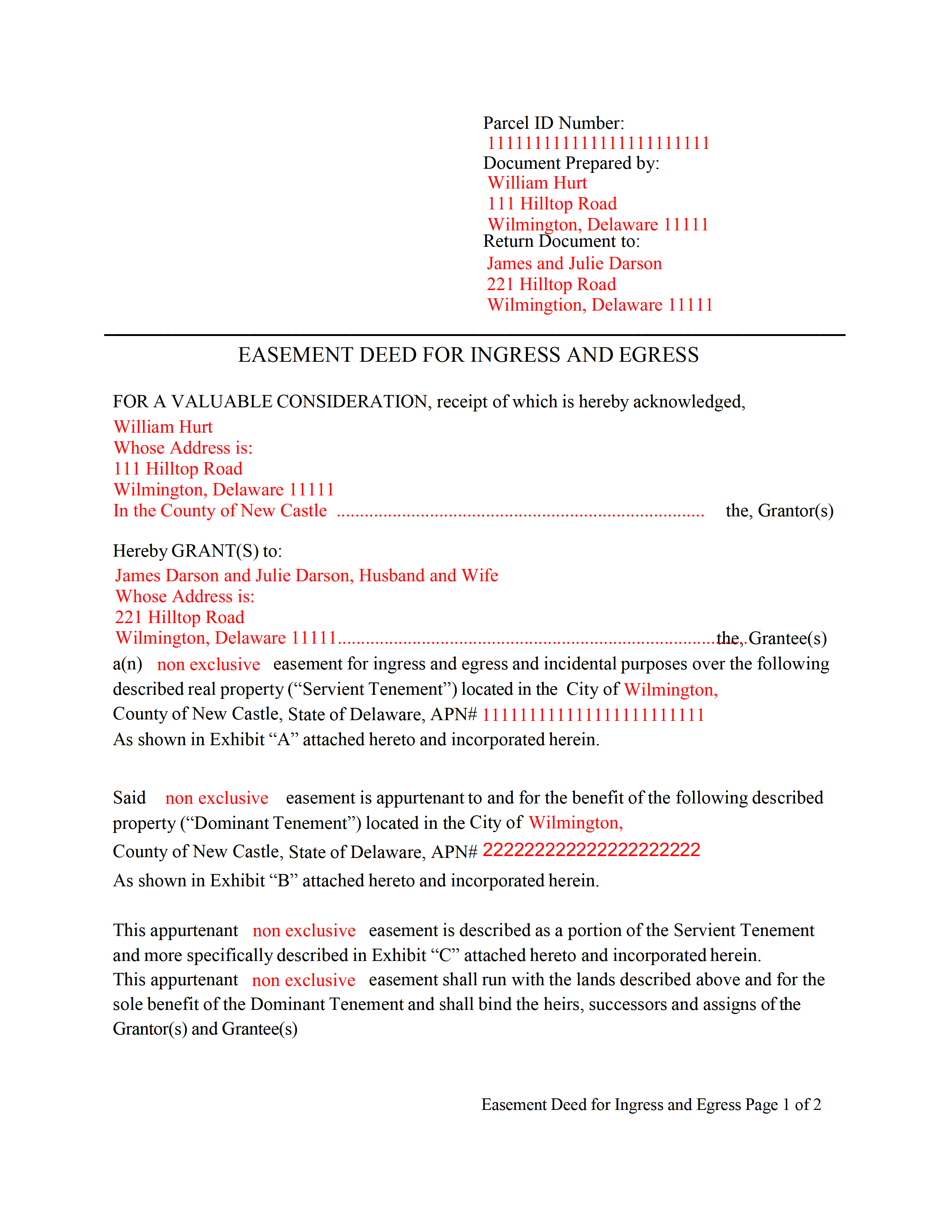 New Castle County Completed Example of the New Castle County Easement Deed Document