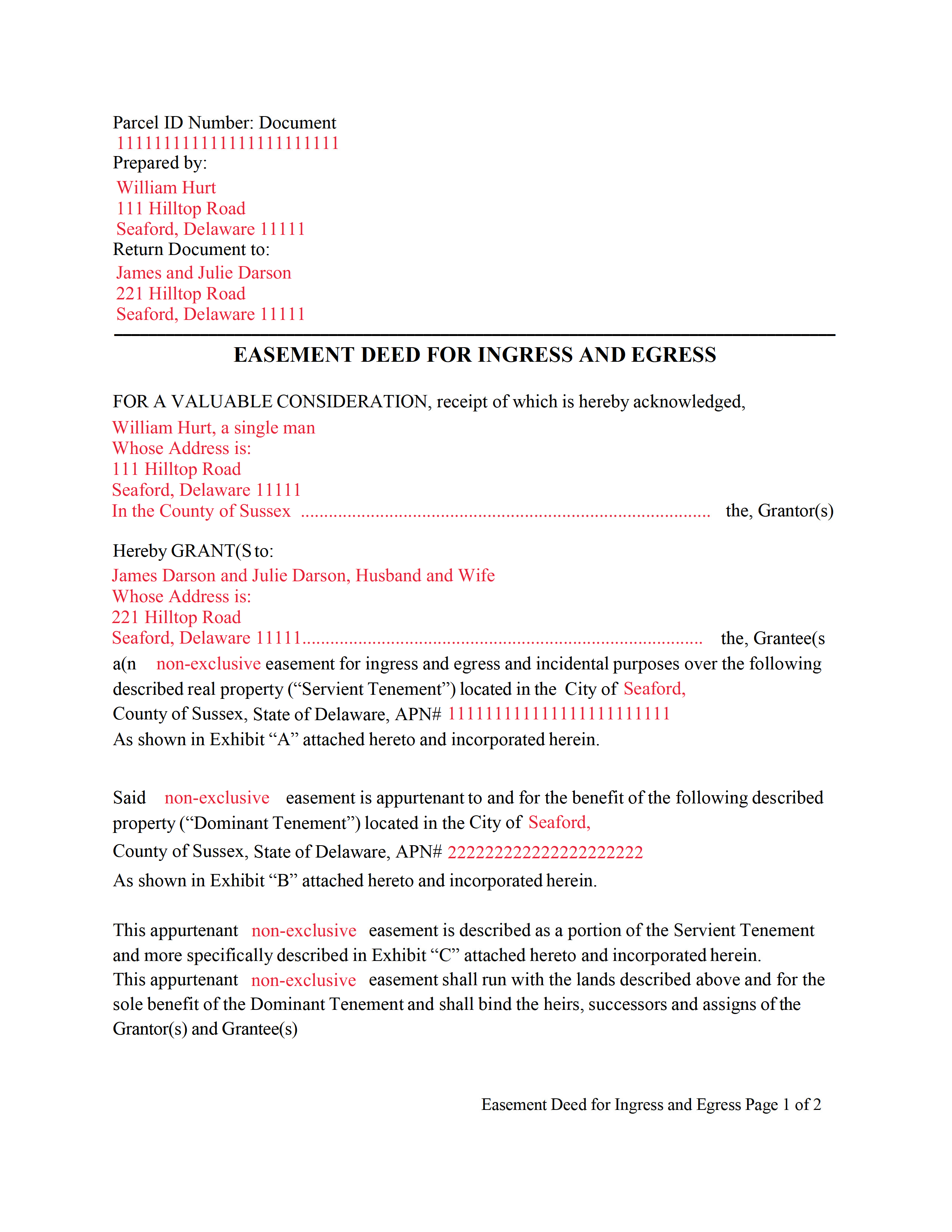 Completed Example of the Sussex County Easement Deed Document