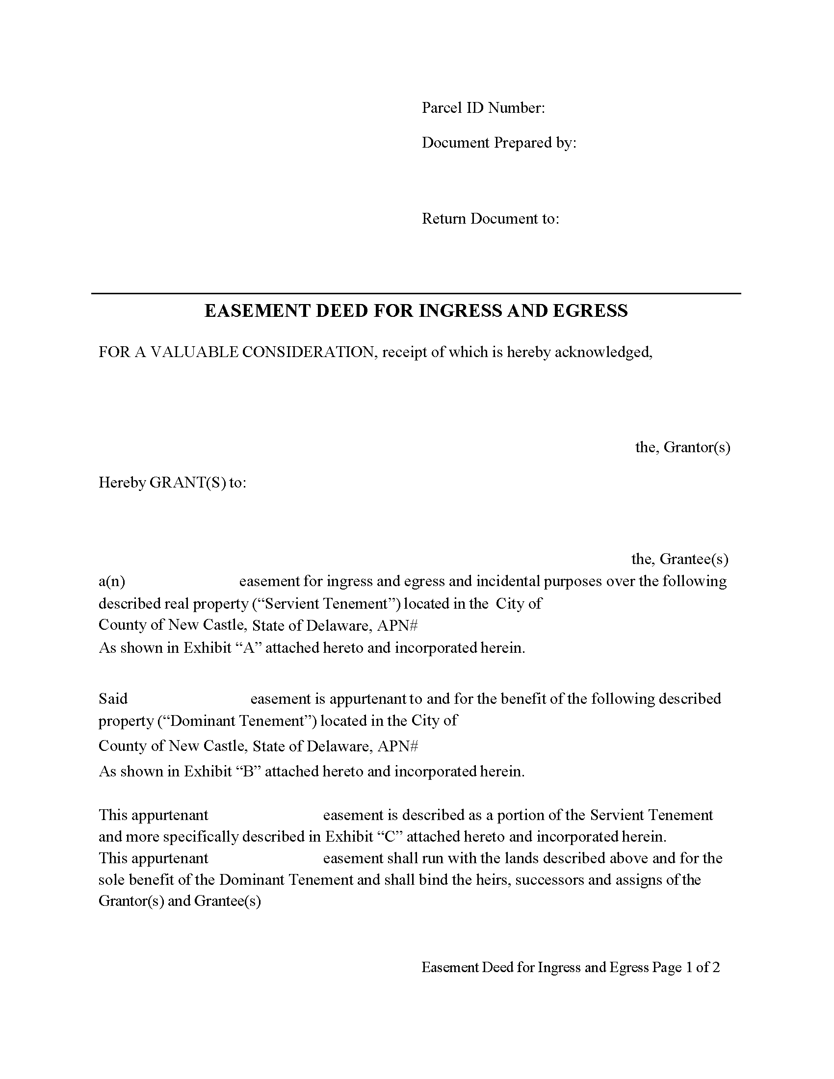 New Castle County Easement Deed Form