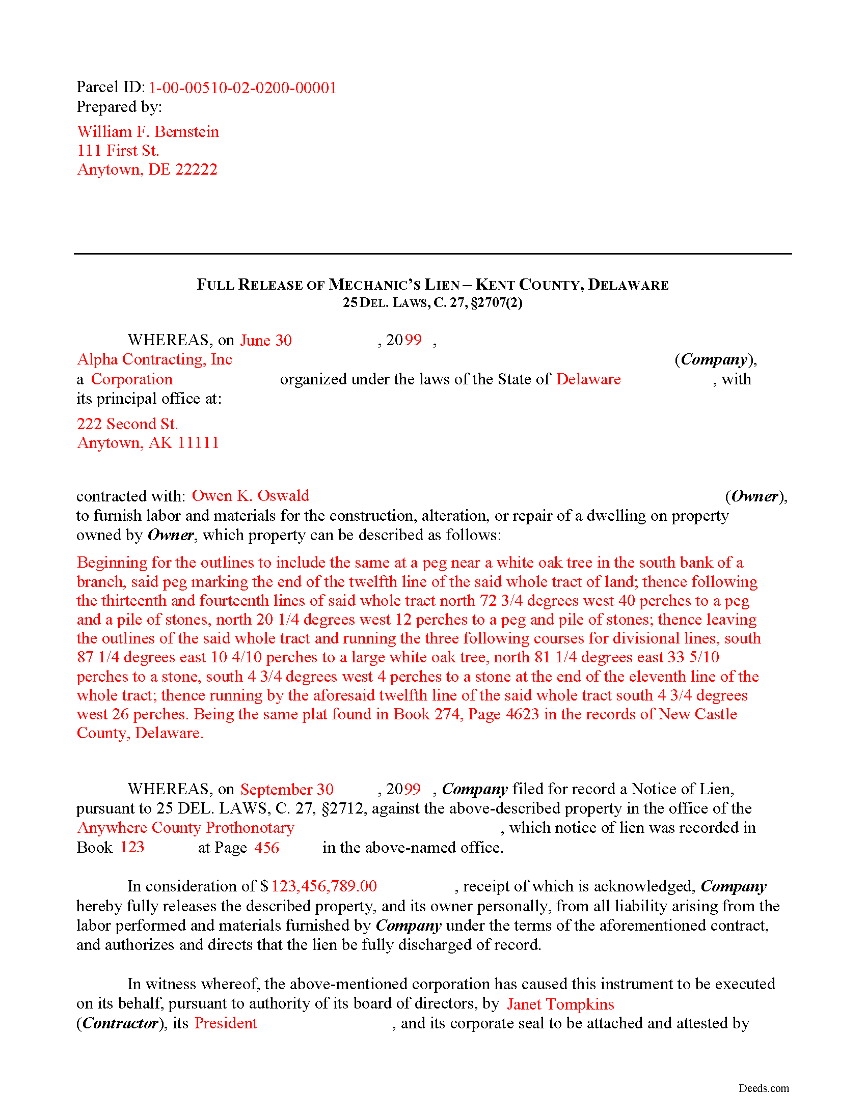 Kent County Completed Example of the Lien Release Document