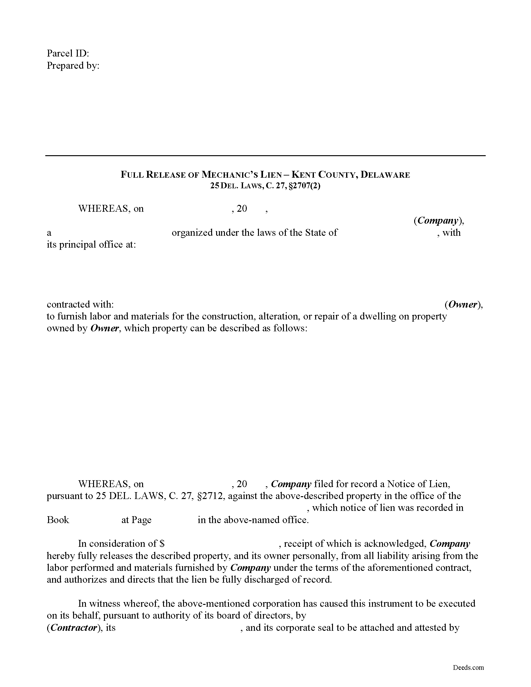 Kent County Full Lien Release Form