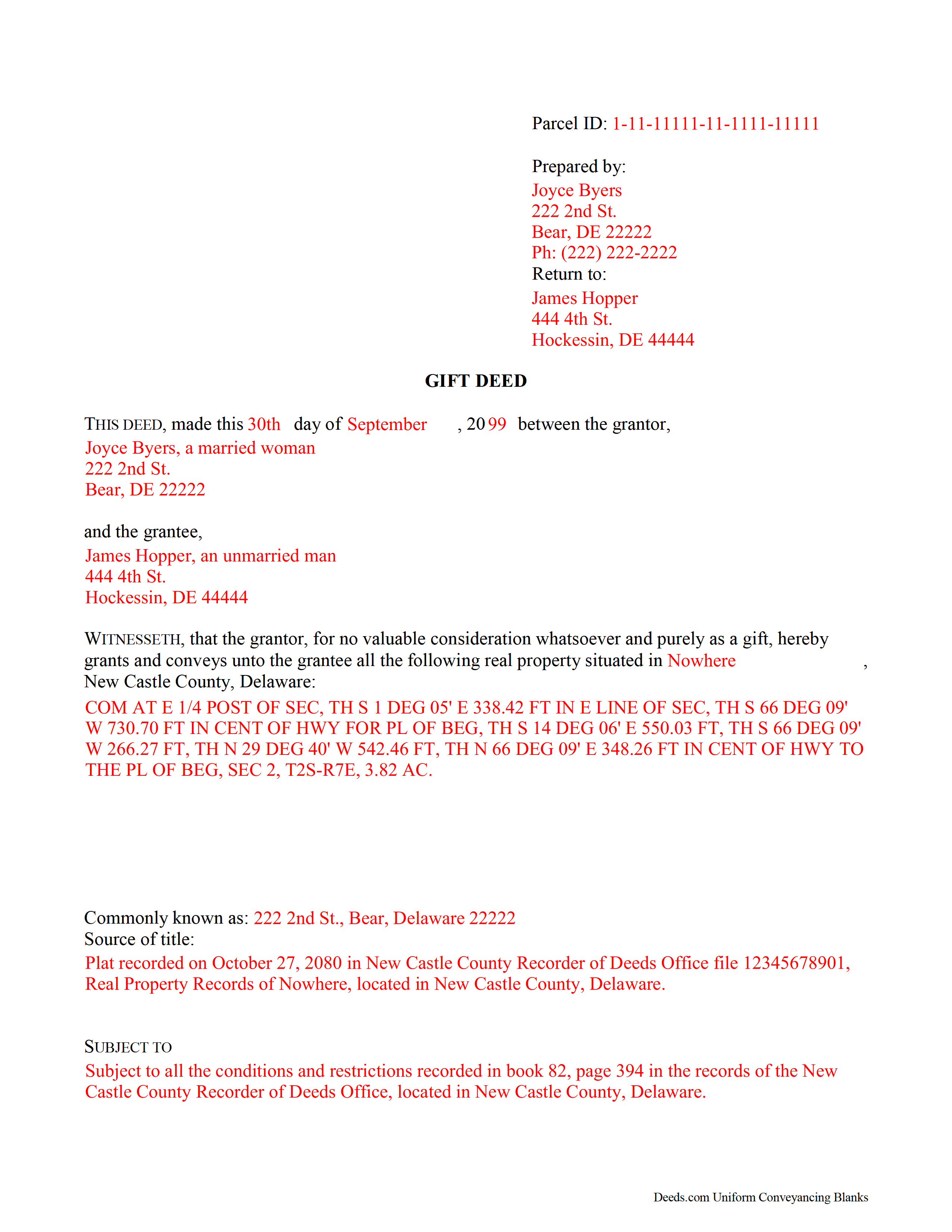 New Castle County Completed Example of the Gift Deed Document