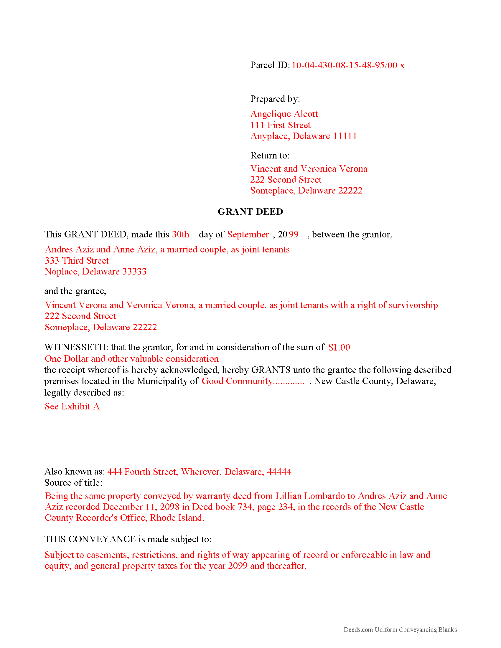 New Castle County Completed Example of the Grant Deed Document