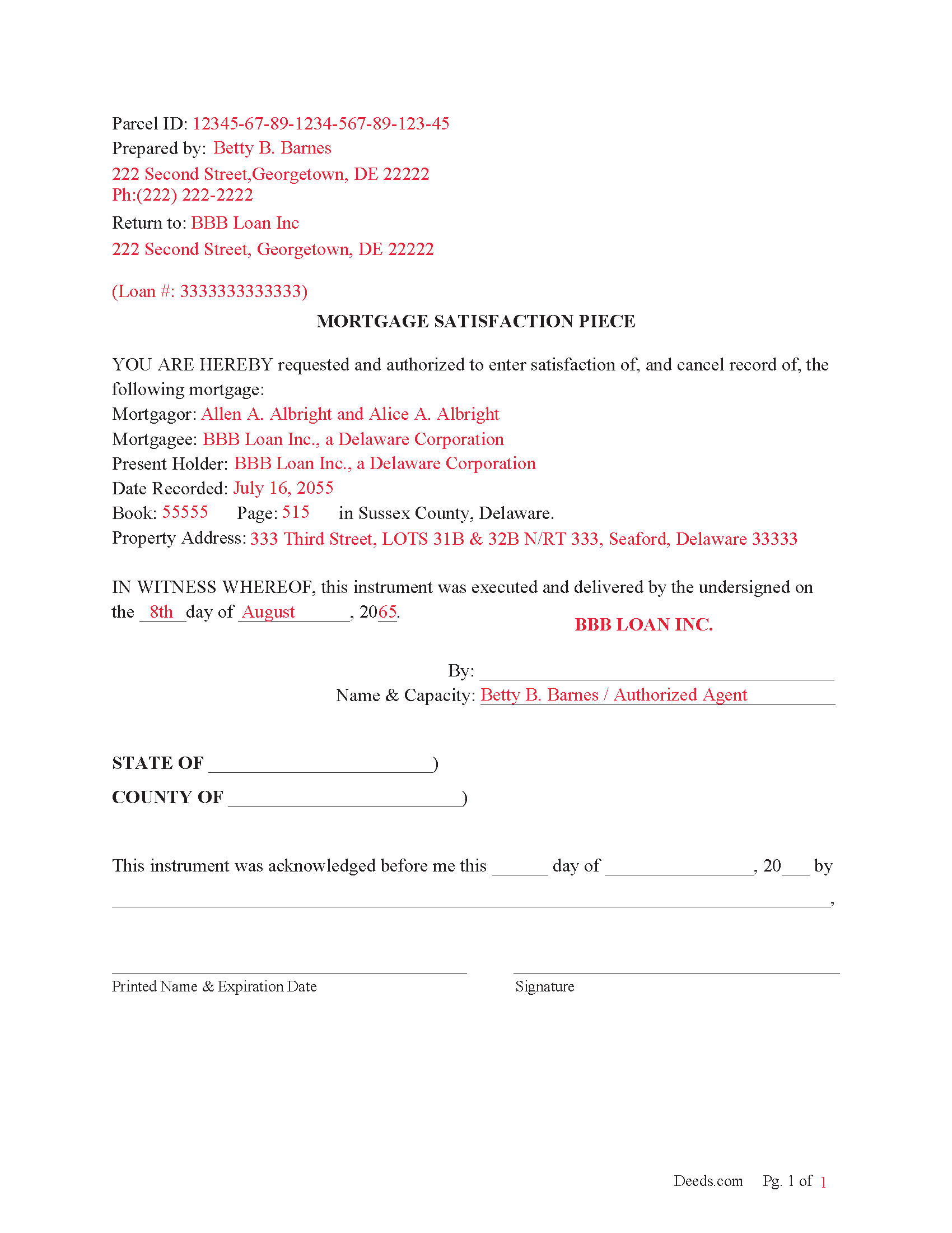 Sussex County Completed Example of the Mortgage Satisfaction Piece Document