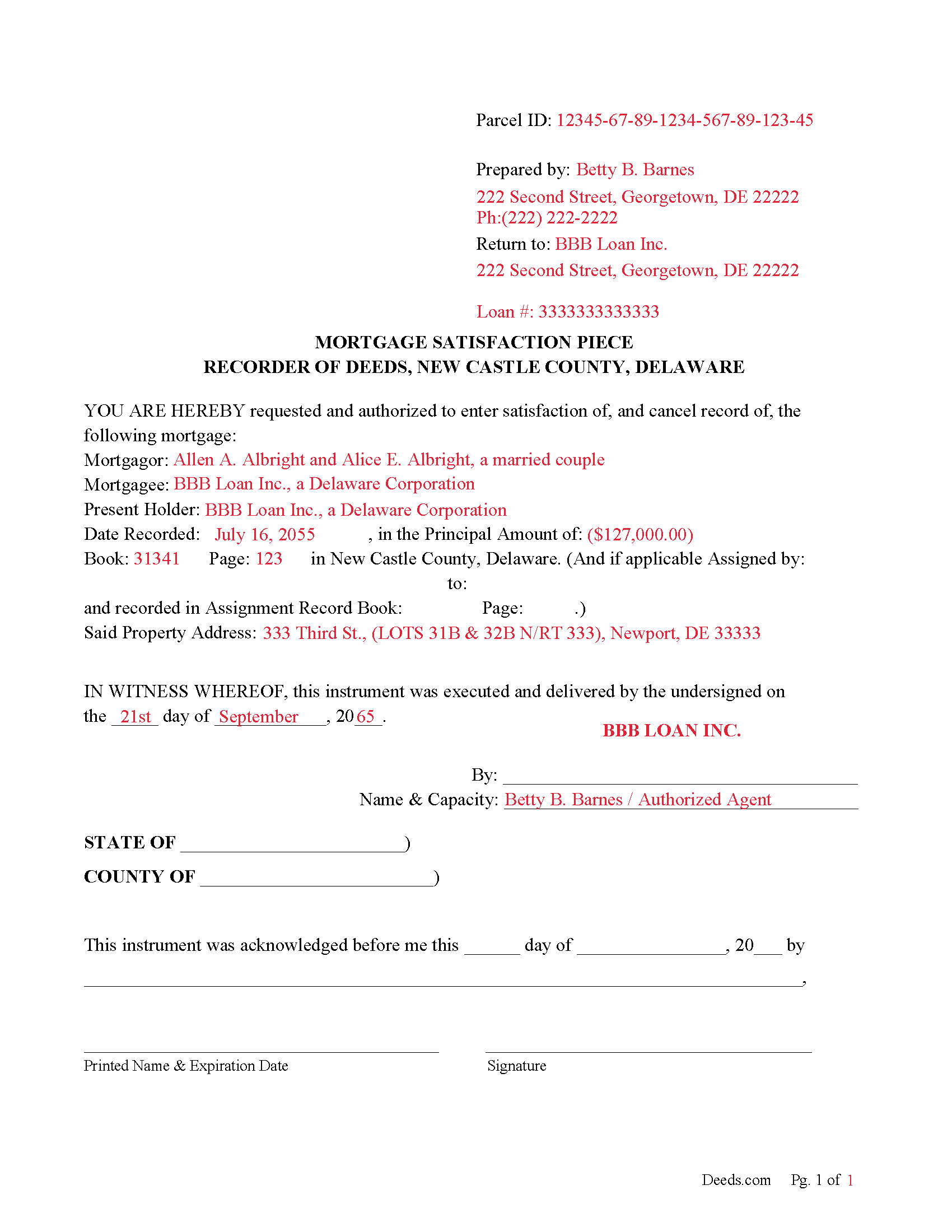 New Castle County Completed Example of the Mortgage Satisfaction Piece Document