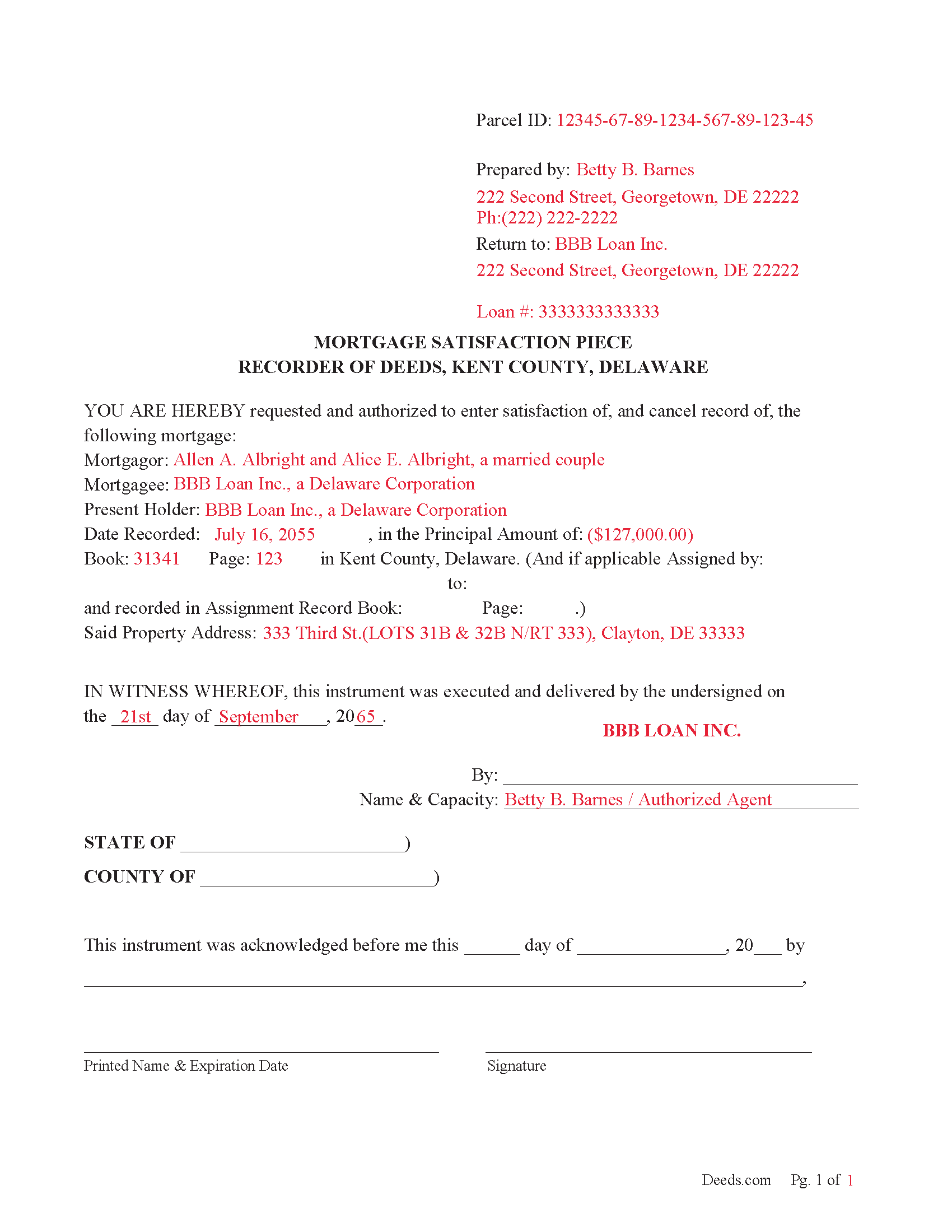 Kent County Completed Example of the Mortgage Piece Document