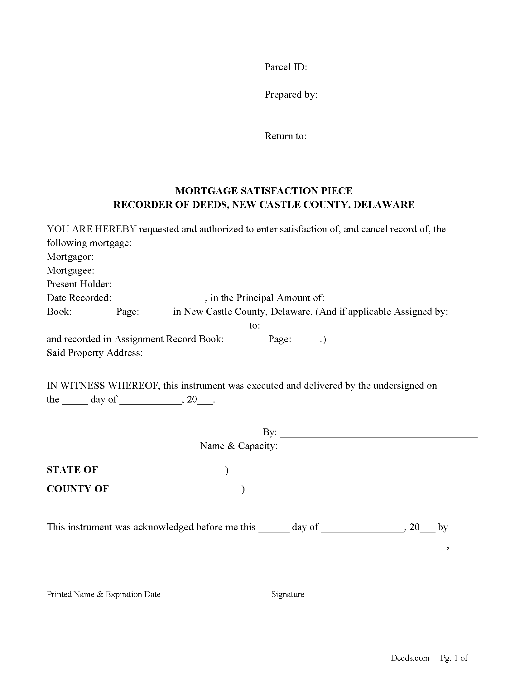 New Castle County Mortgage Satisfaction Piece Form
