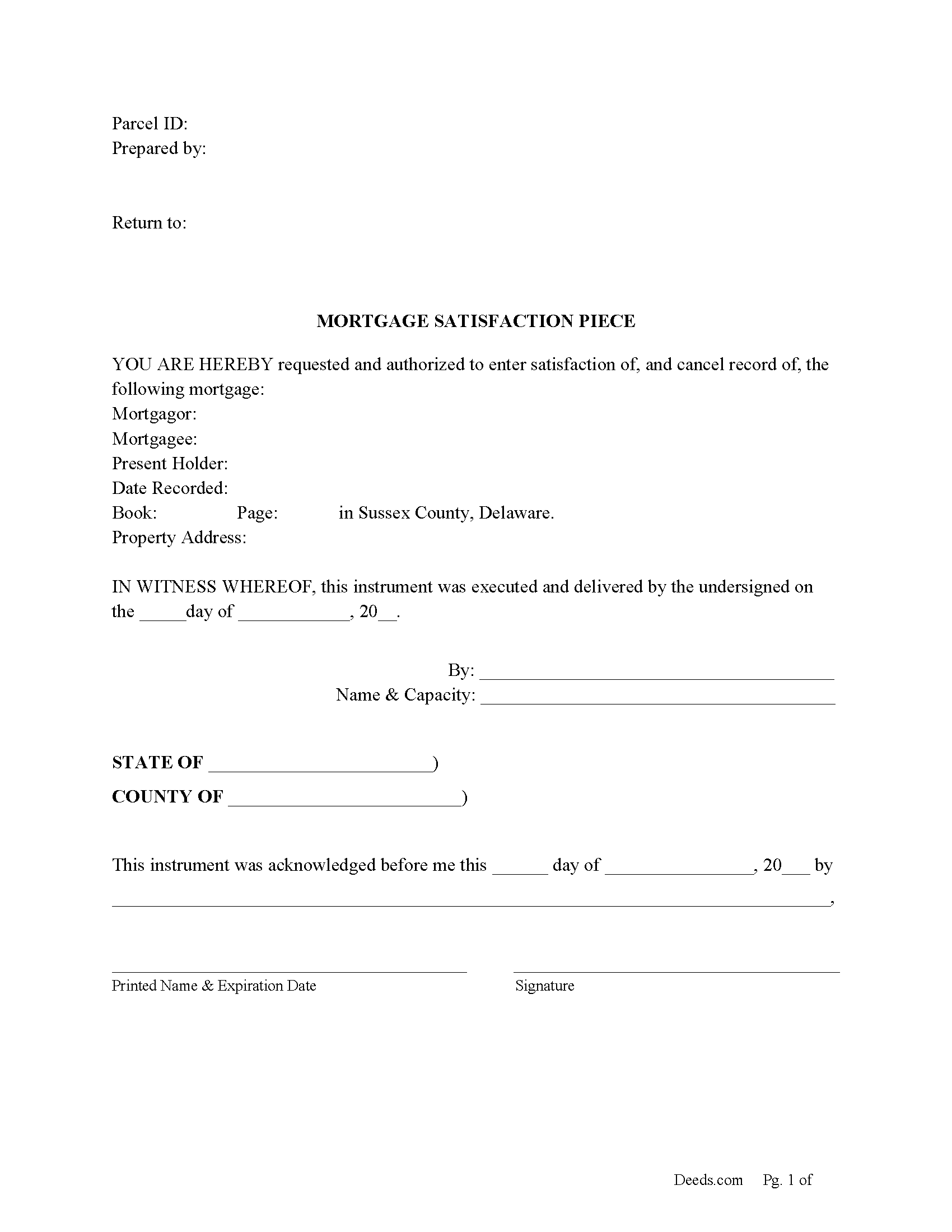 Sussex County Mortgage Satisfaction Piece Form