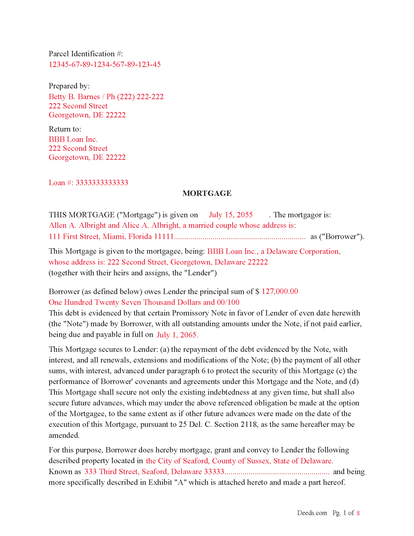 Sussex County Completed Example of the Mortgage Document