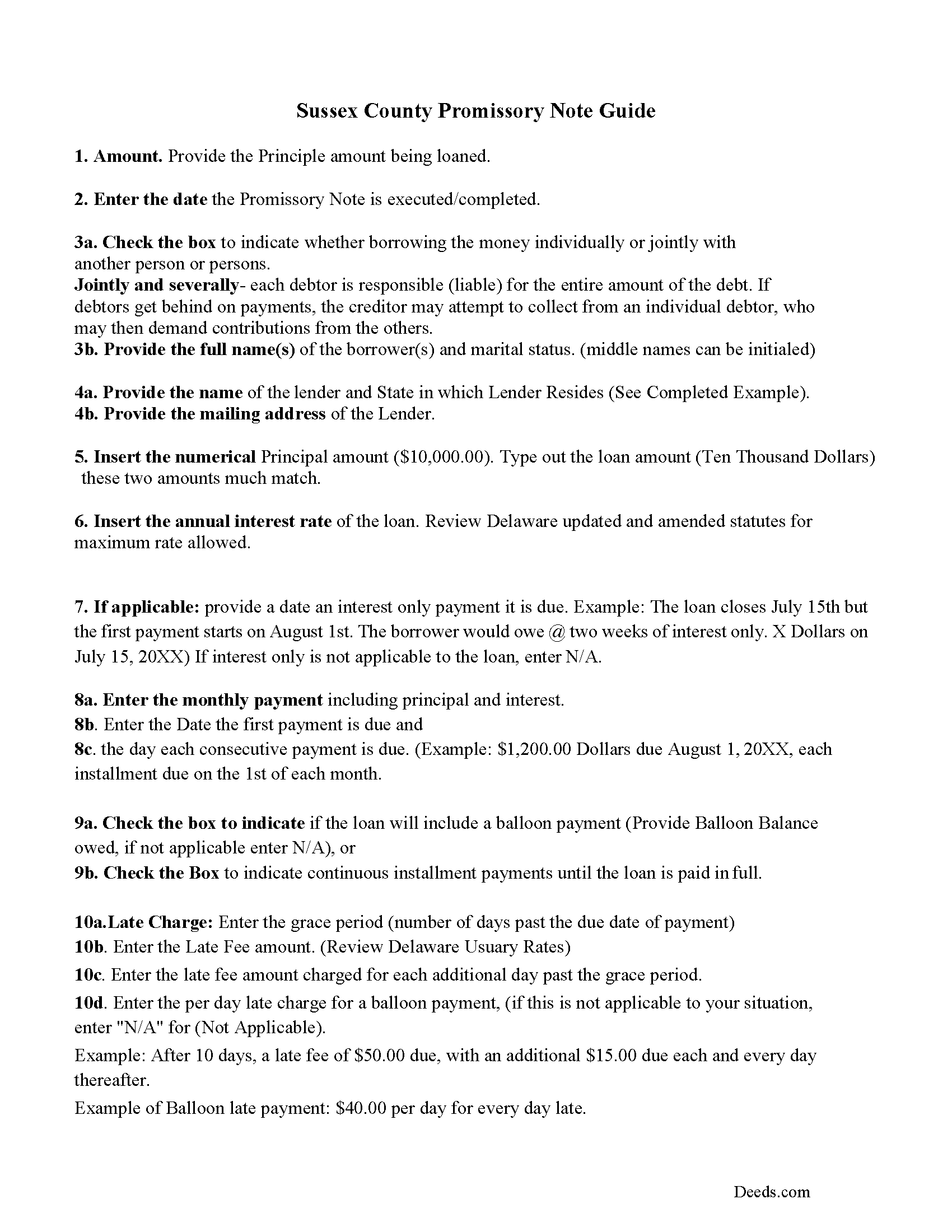 Sussex County Promissory Note Guidelines