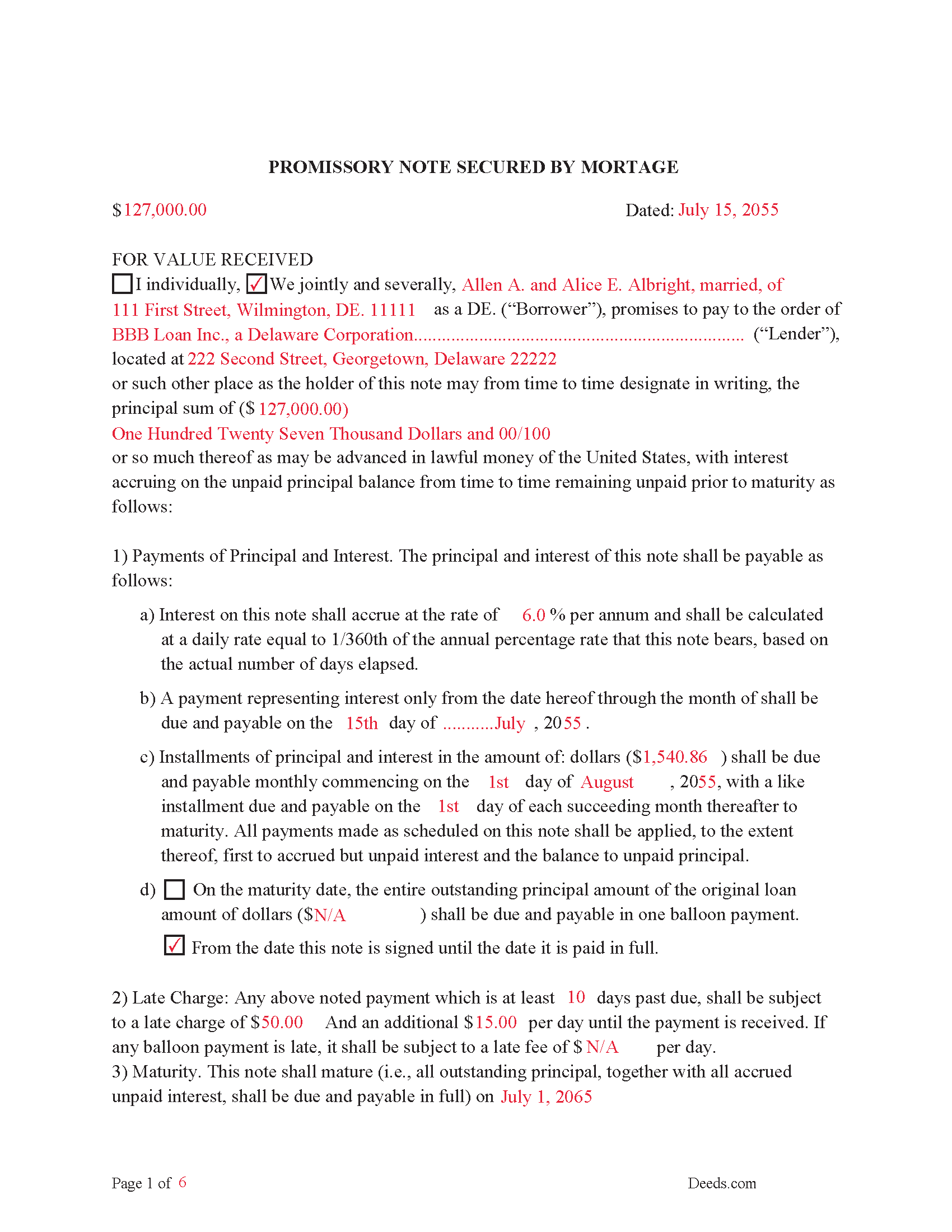 Completed Example of the Promissory Note Document