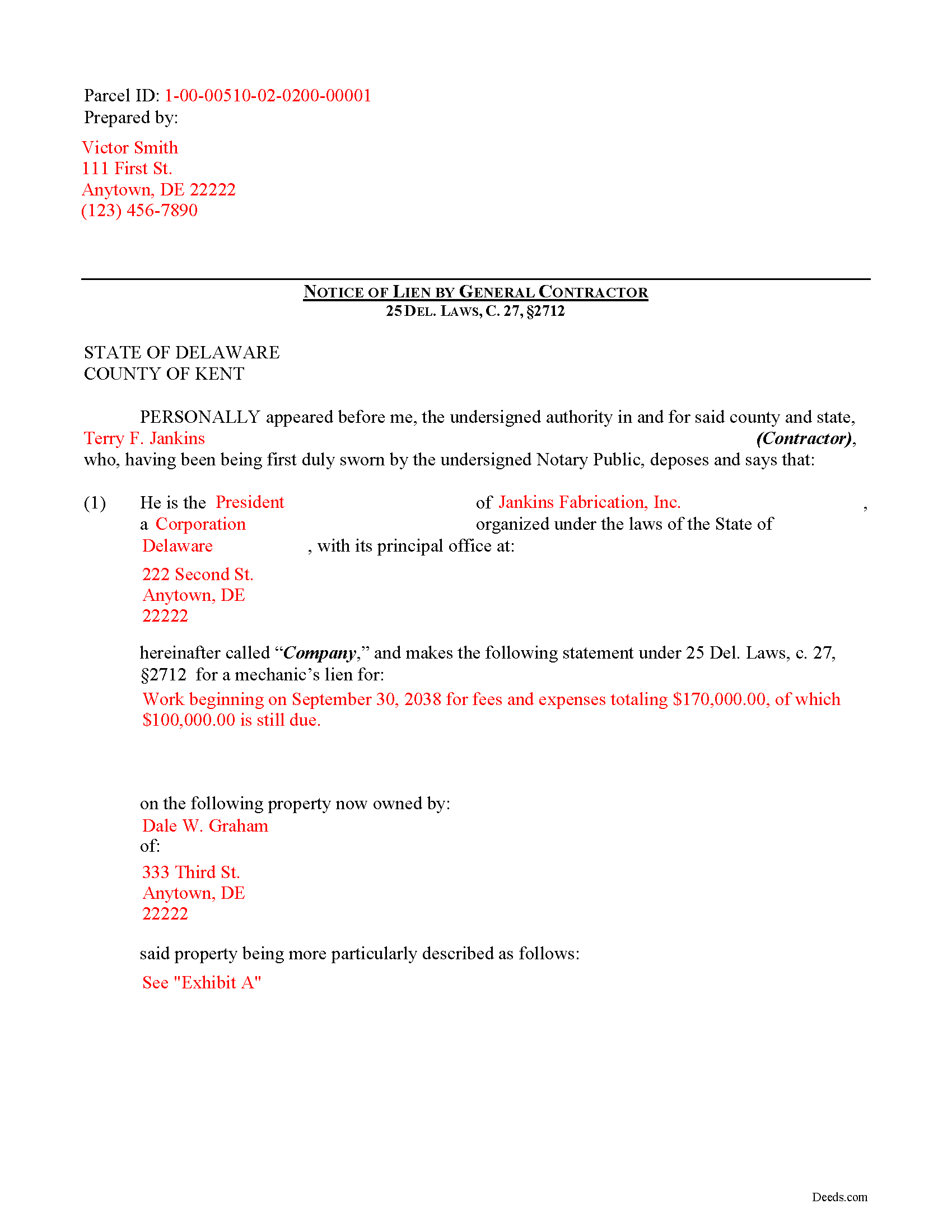 Kent County Completed Example of the Notice of Mechanics Lien Document