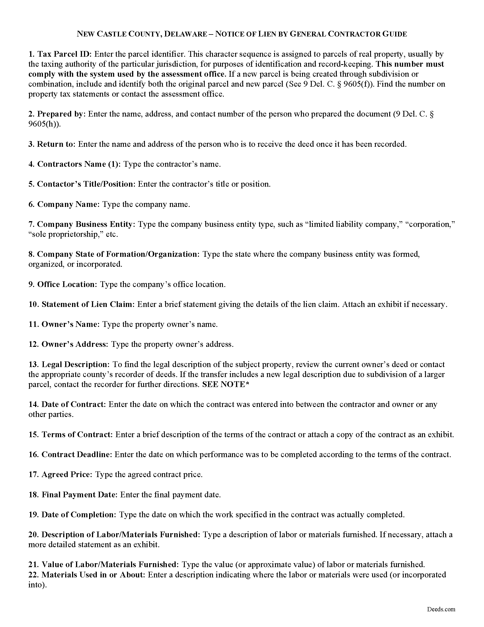 New Castle County Notice of Mechanics Lien Guide