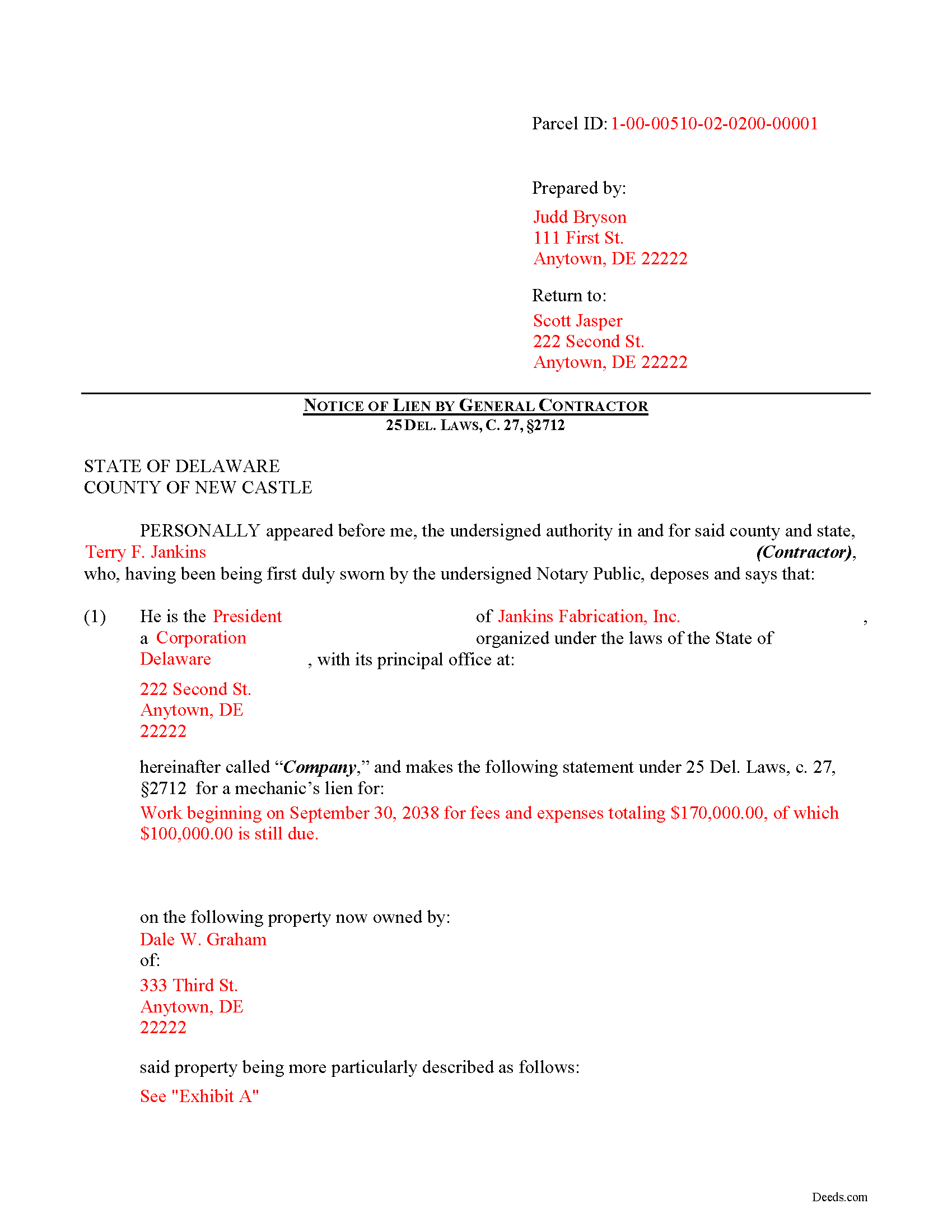 New Castle County Completed Example of the Notice of Mechanics Lien Document