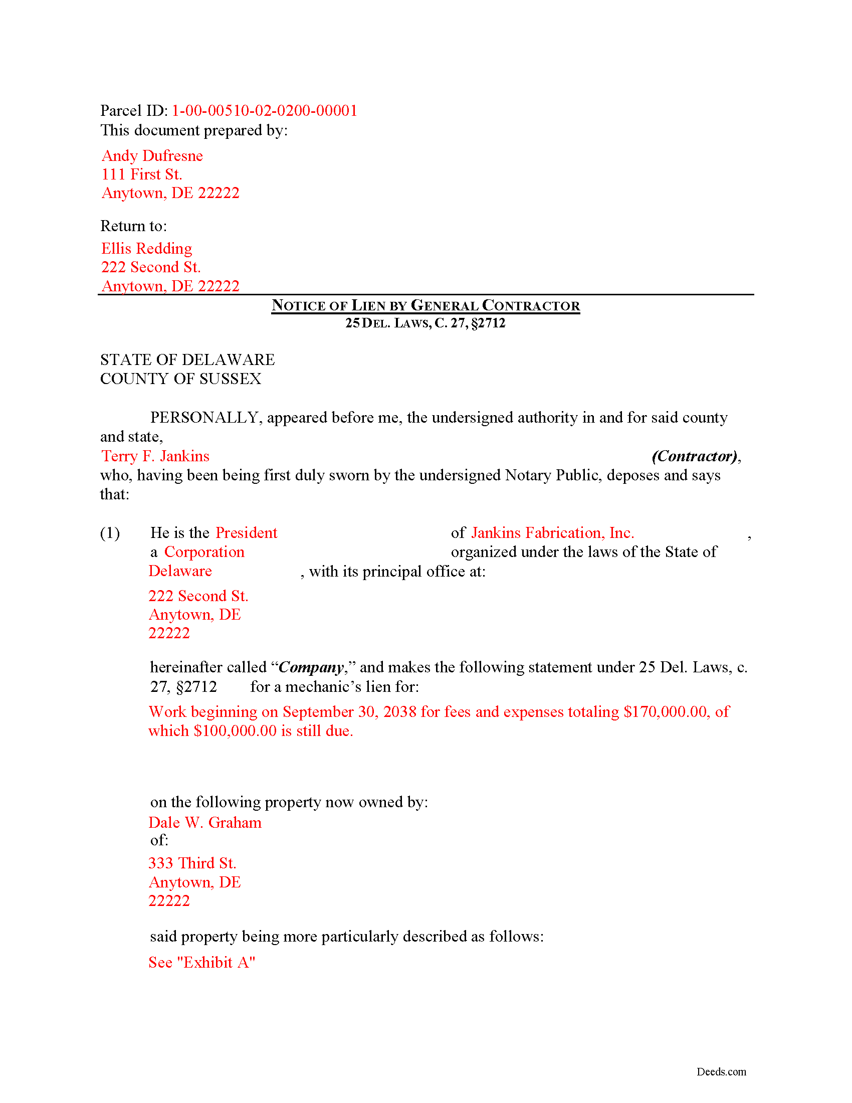 Completed Example of the Notice of Mechanics Lien Document
