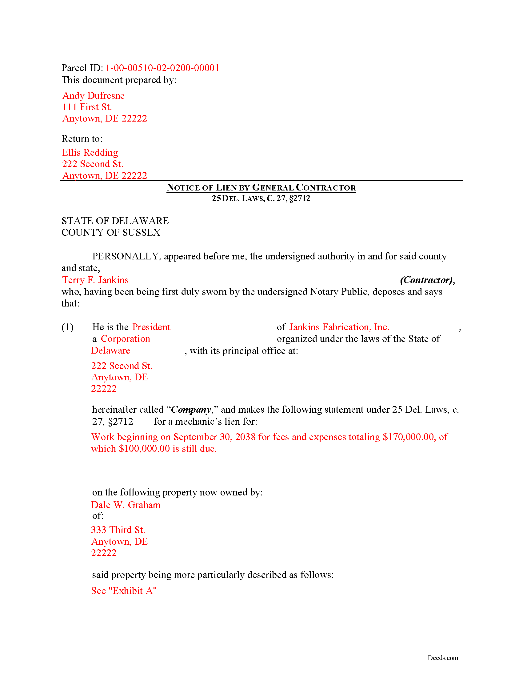 Sussex County Completed Example of the Notice of Mechanics Lien Document