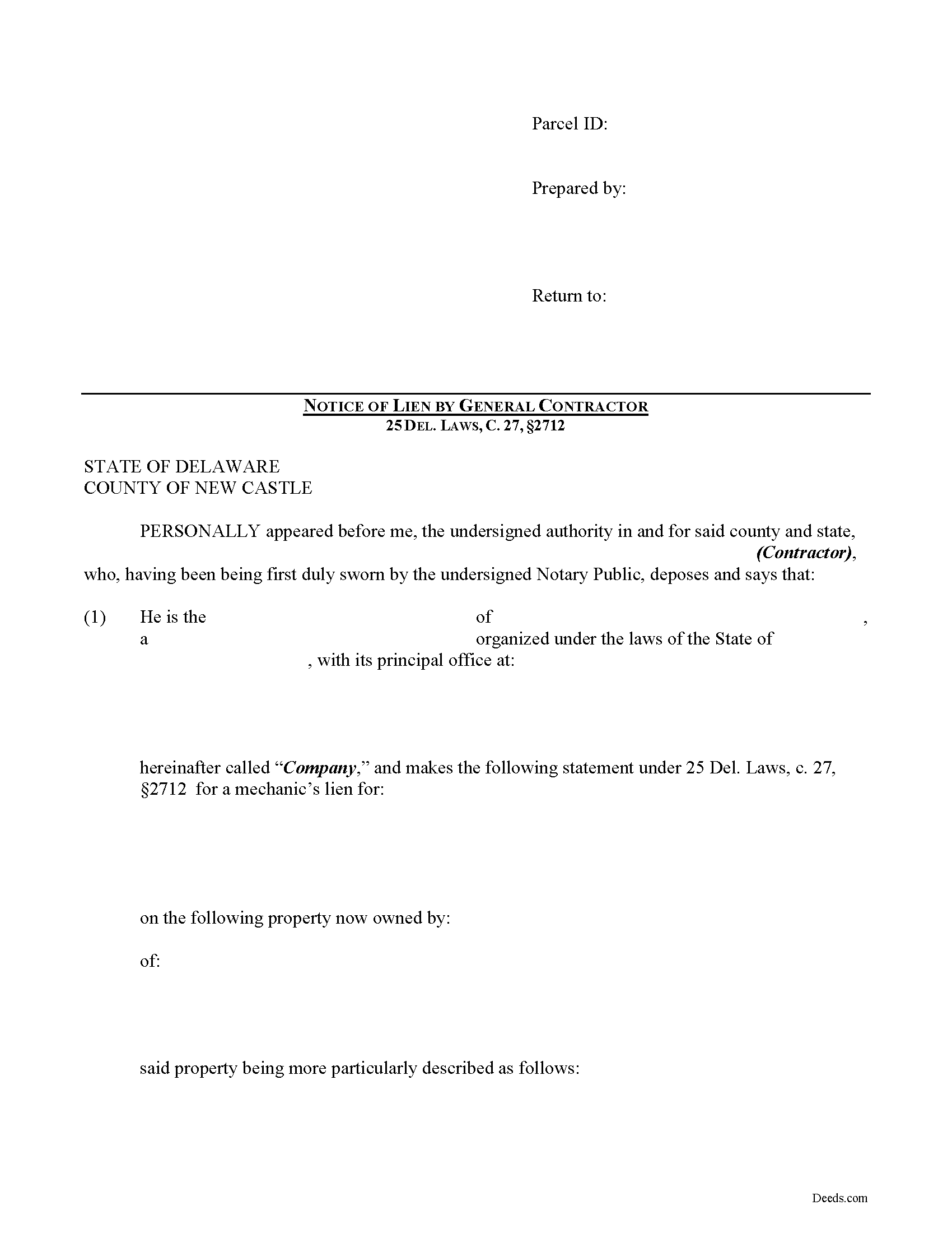 New Castle County Notice of Mechanics Lien Form