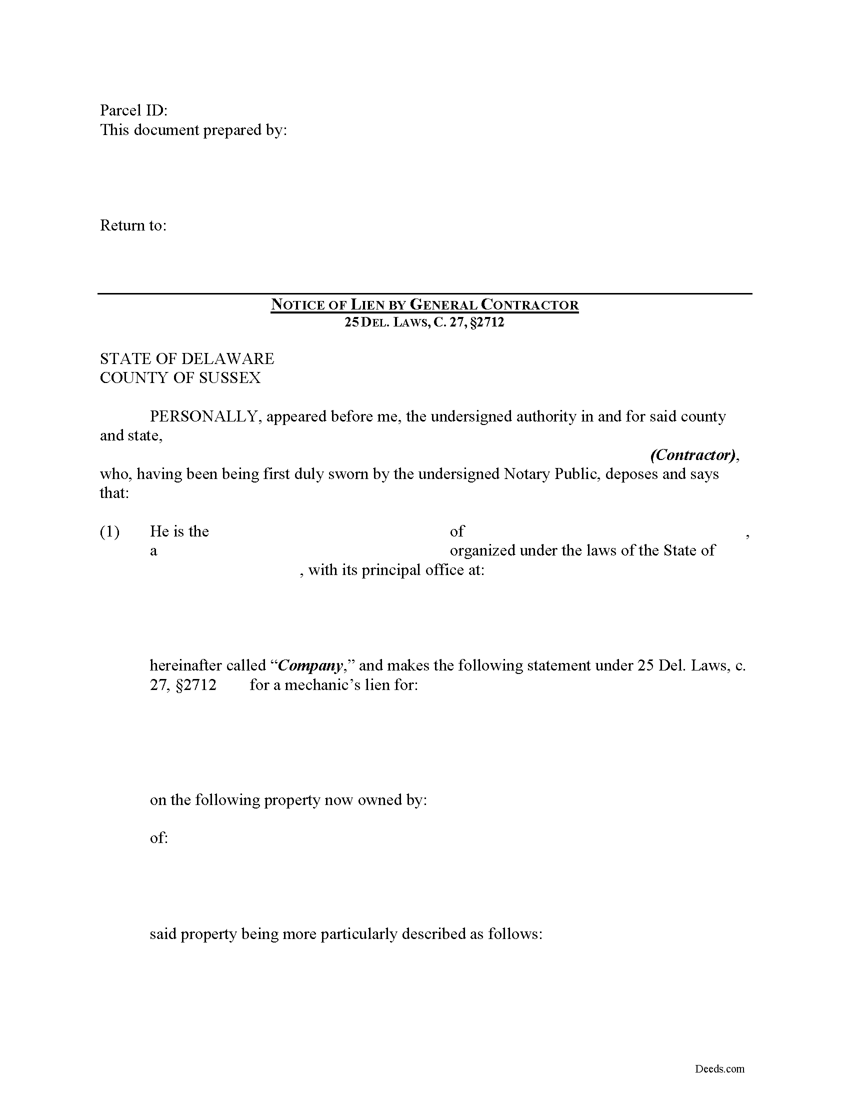 Sussex County Notice of Mechanics Lien Form