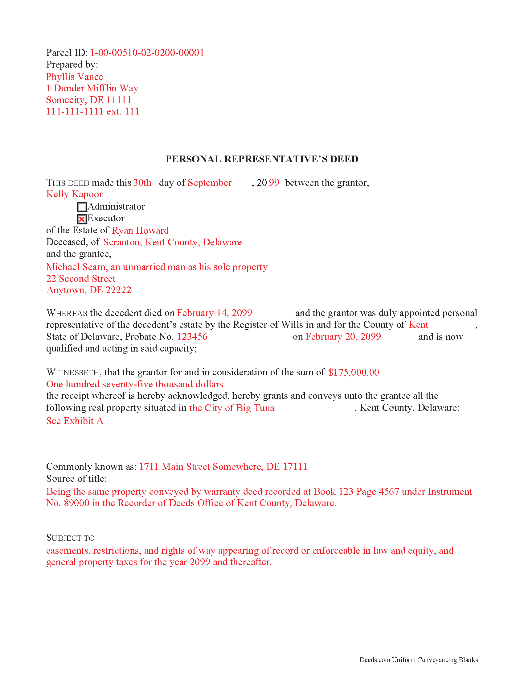 Completed Example of the Personal Representative Deed Document