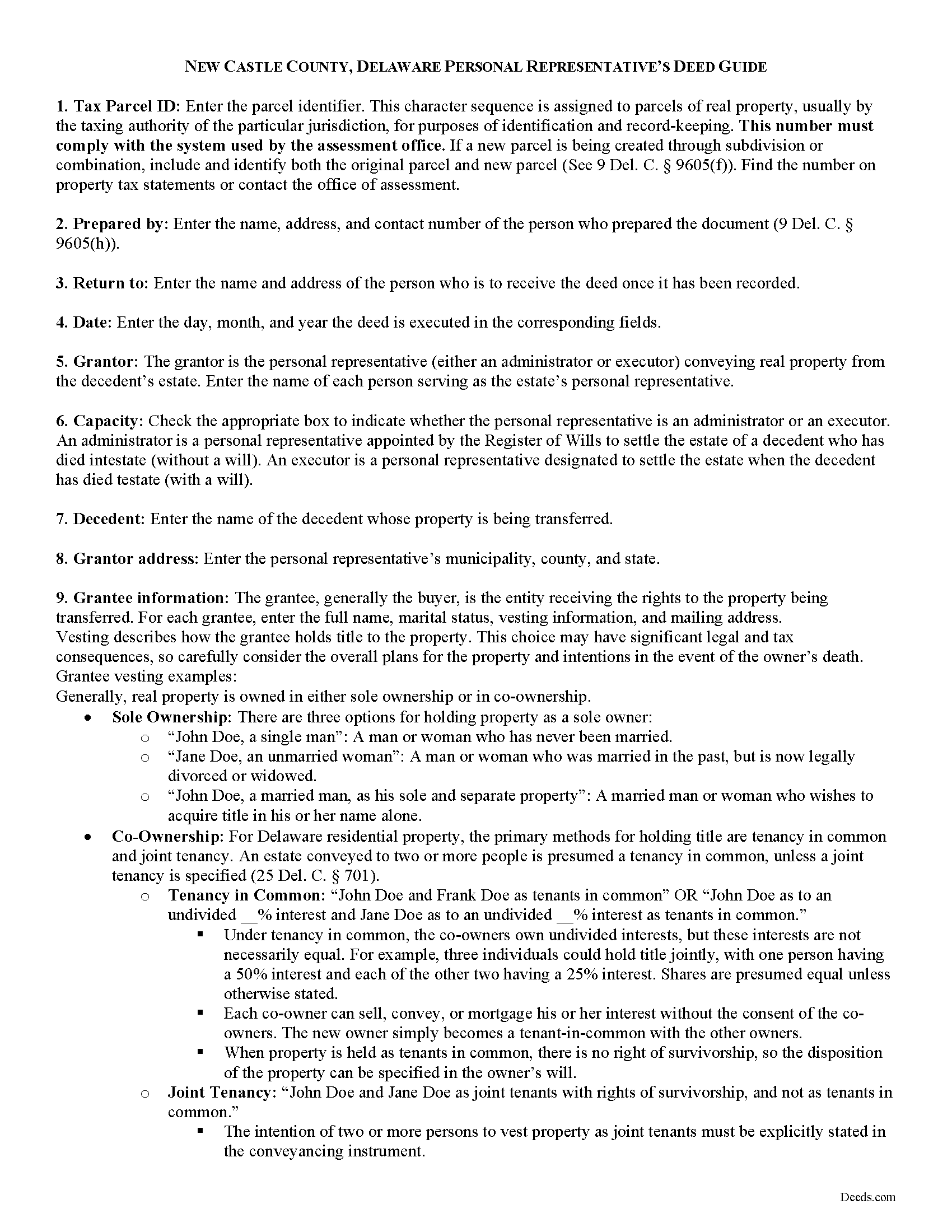 New Castle County Personal Representative Deed Guide