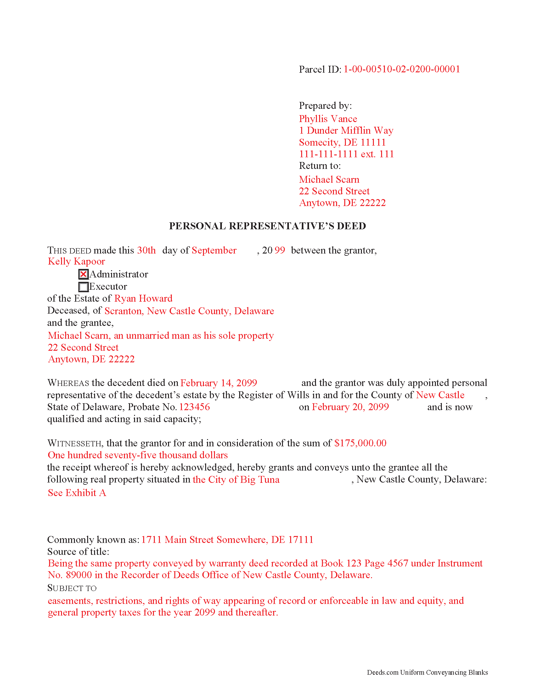 New Castle County Completed Example of the Personal Representative Deed Document