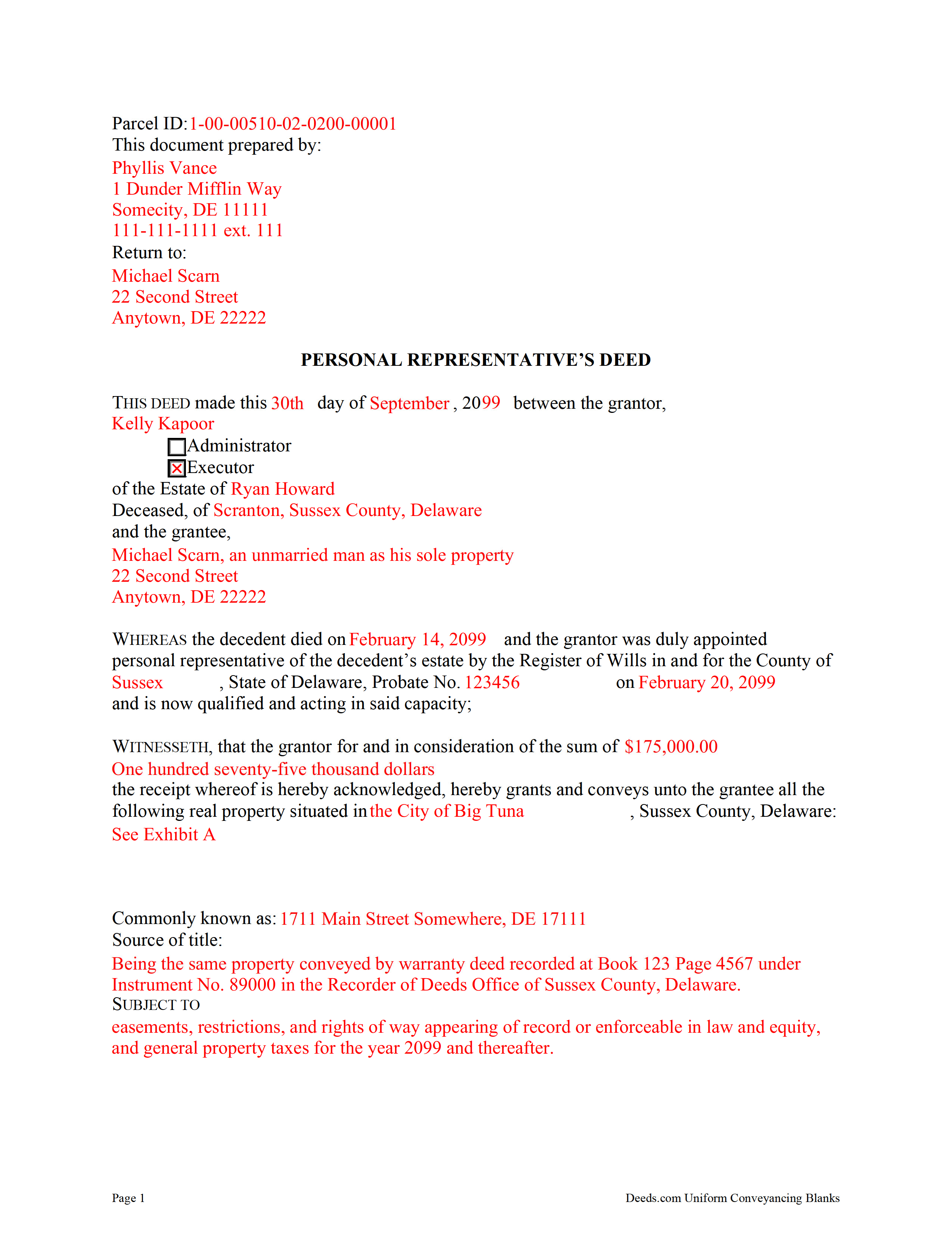 Sussex County Completed Example of the Personal Representative Deed Document