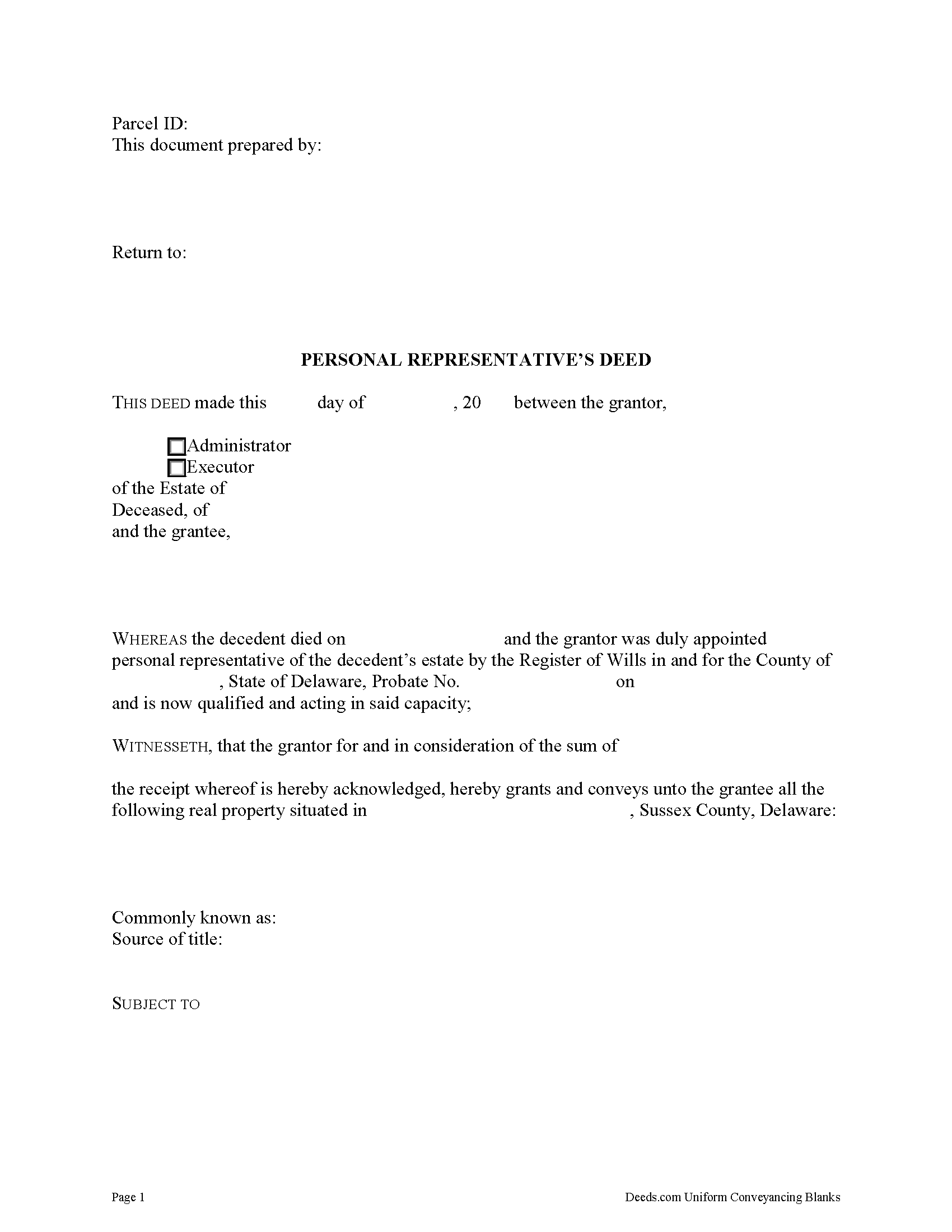 Sussex County Personal Representative Deed Form