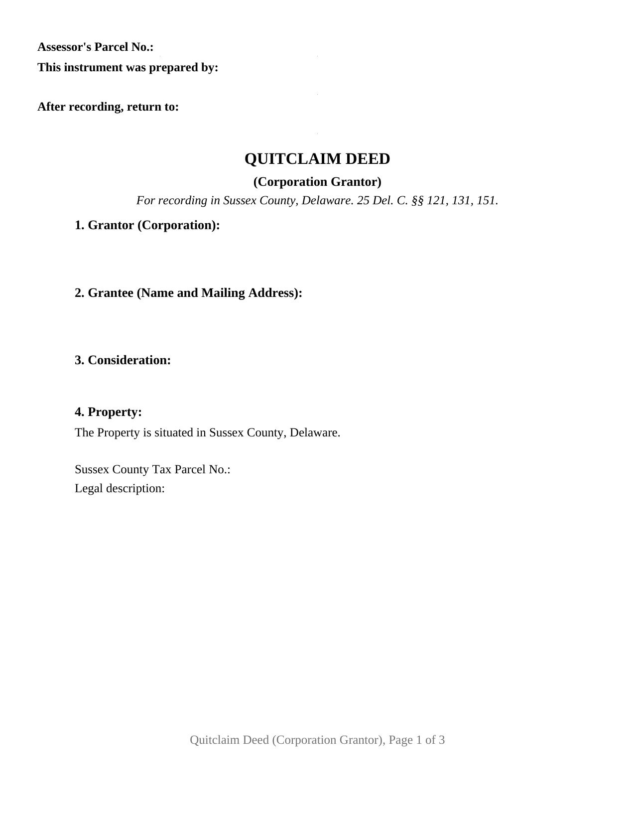 Sussex County Sussex County Quitclaim Deed (Corporation Grantor) Form