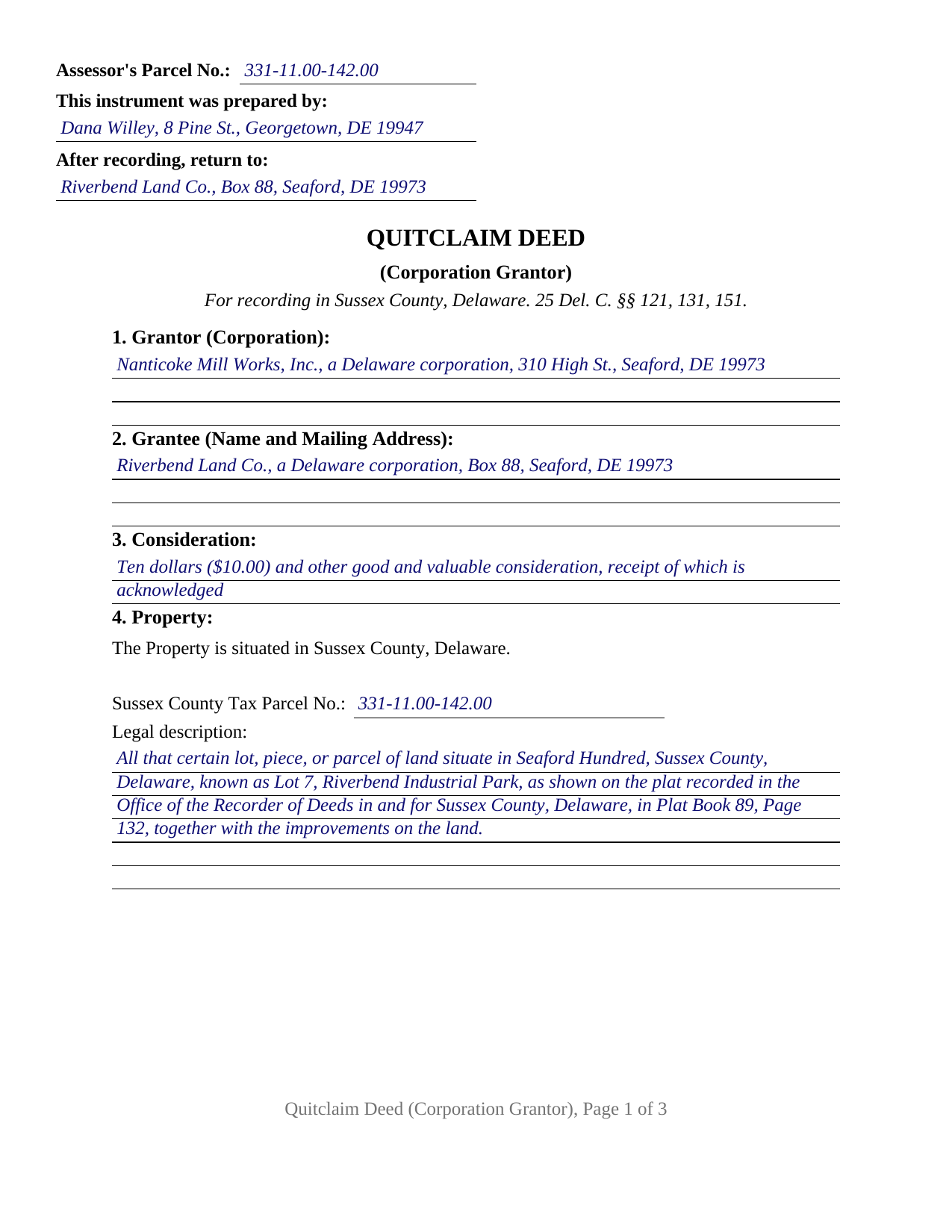 Sussex County Sussex County Completed Example of the Quitclaim Deed (Corporation Grantor) Document