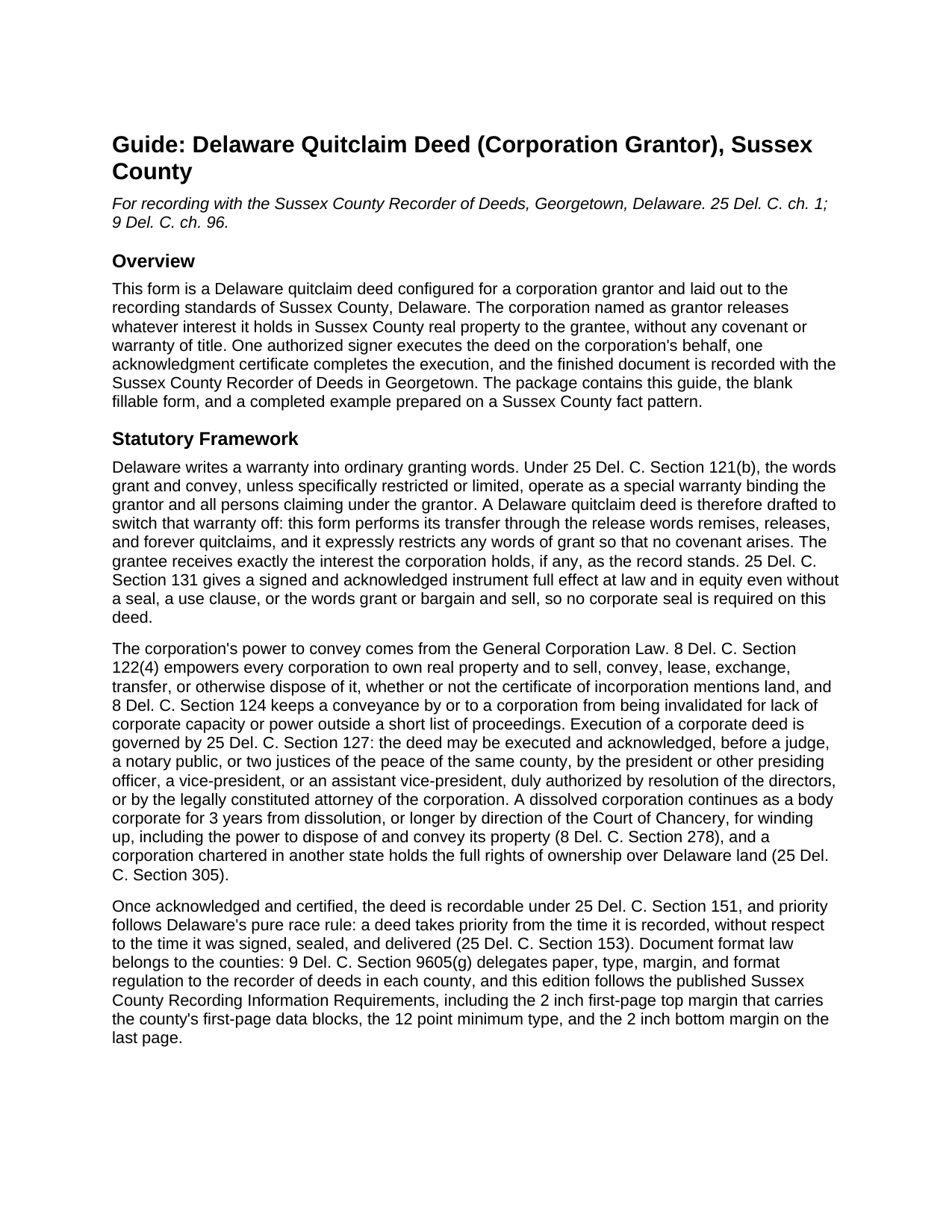 Sussex County Sussex County Quitclaim Deed (Corporation Grantor) Guide
