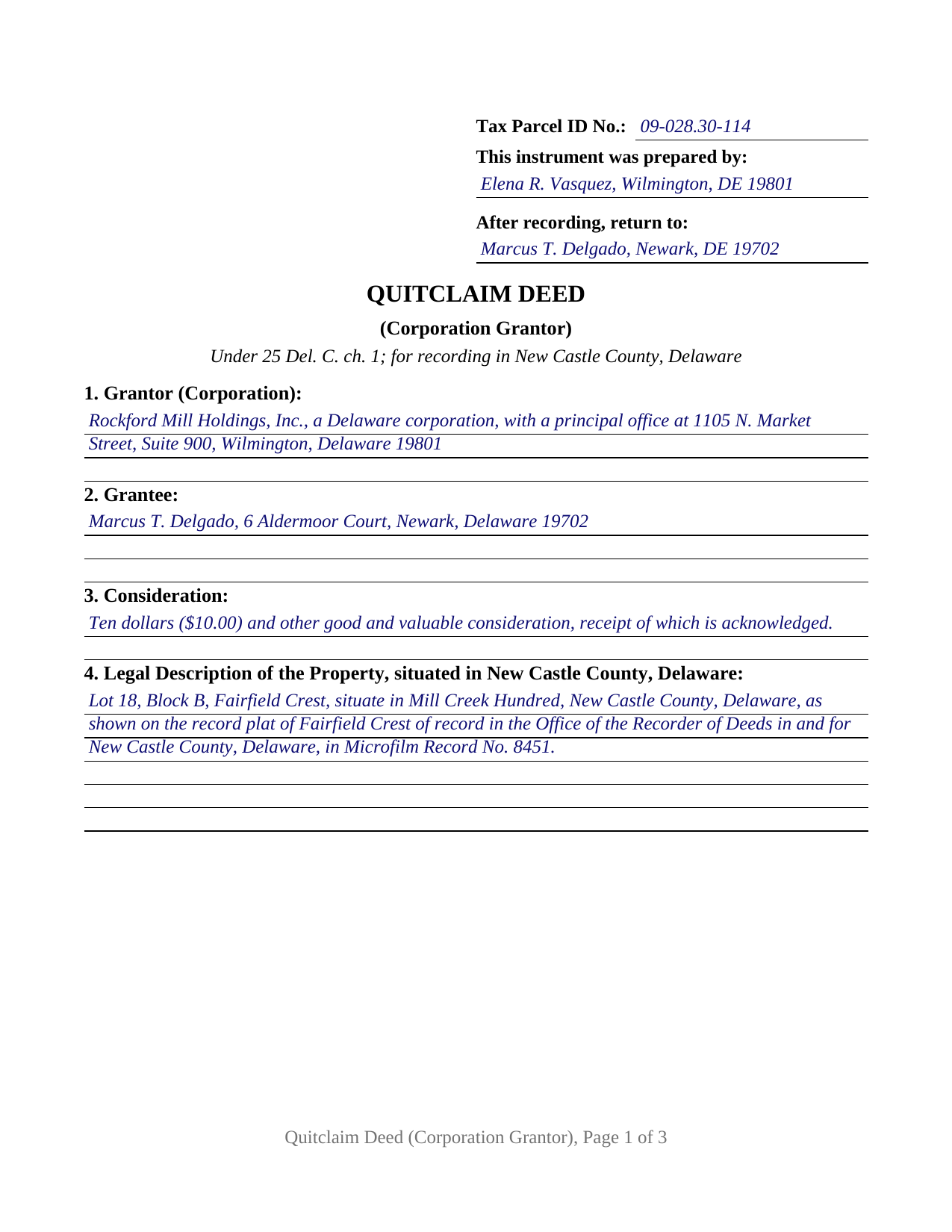 New Castle County New Castle County Completed Example of the Quitclaim Deed (Corporation Grantor) Document