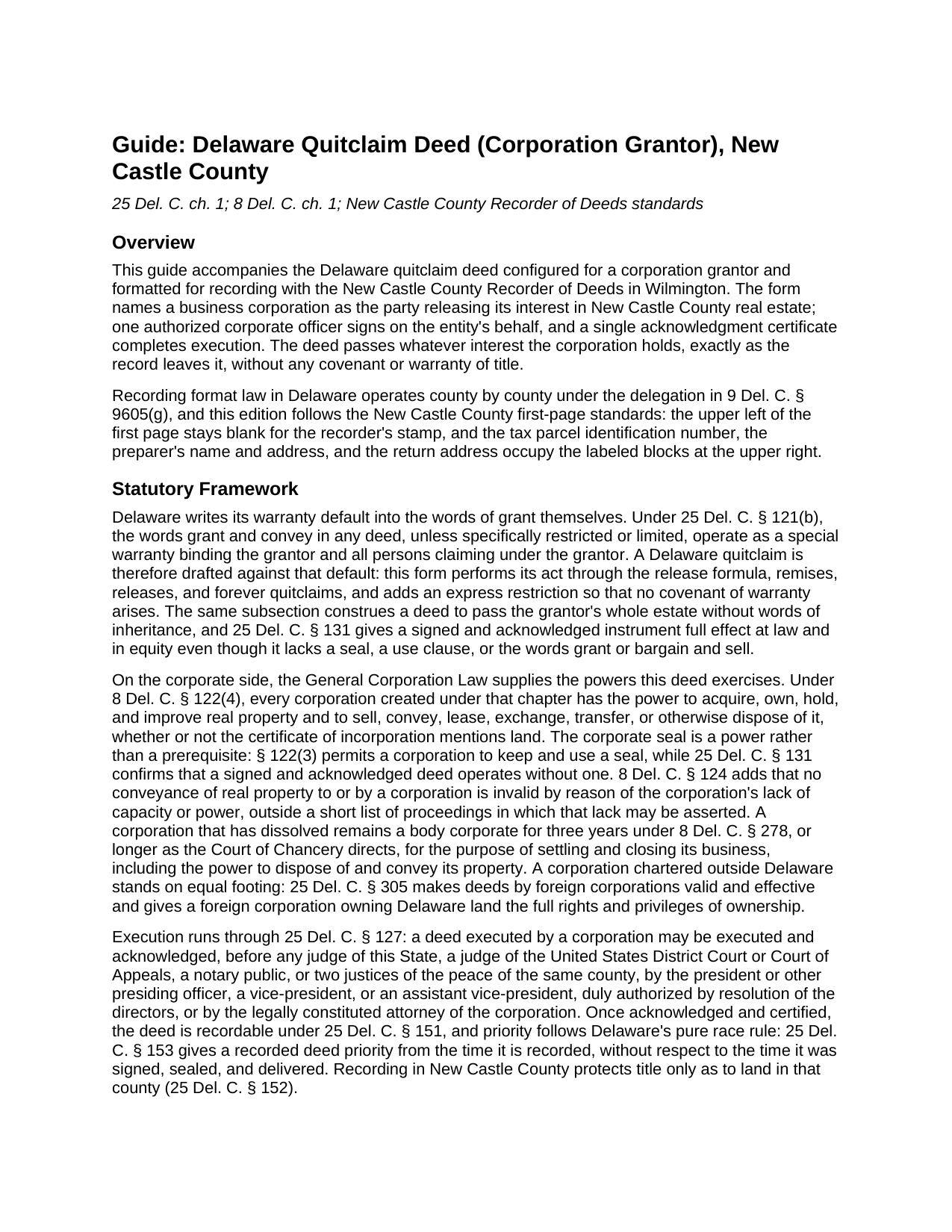 New Castle County New Castle County Quitclaim Deed (Corporation Grantor) Guide