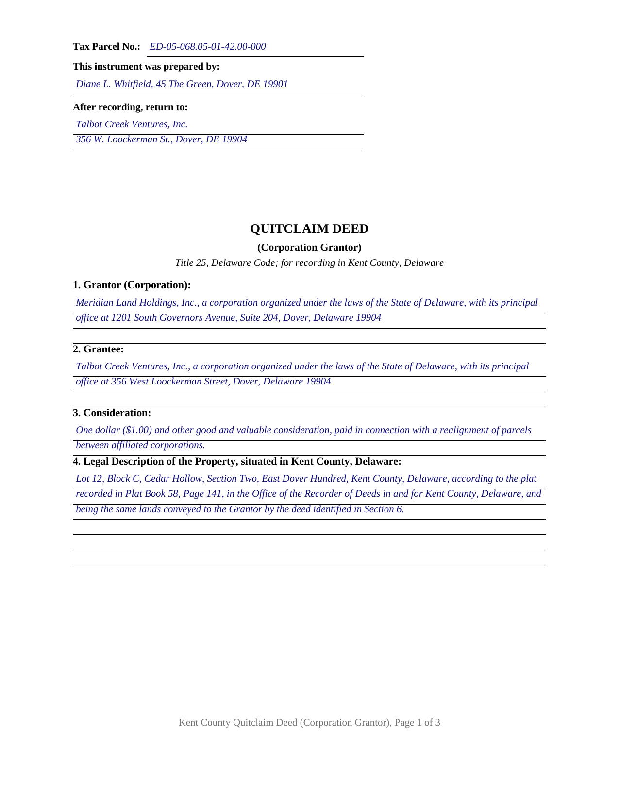 Kent County Kent County Completed Example of the Quitclaim Deed (Corporation Grantor) Document