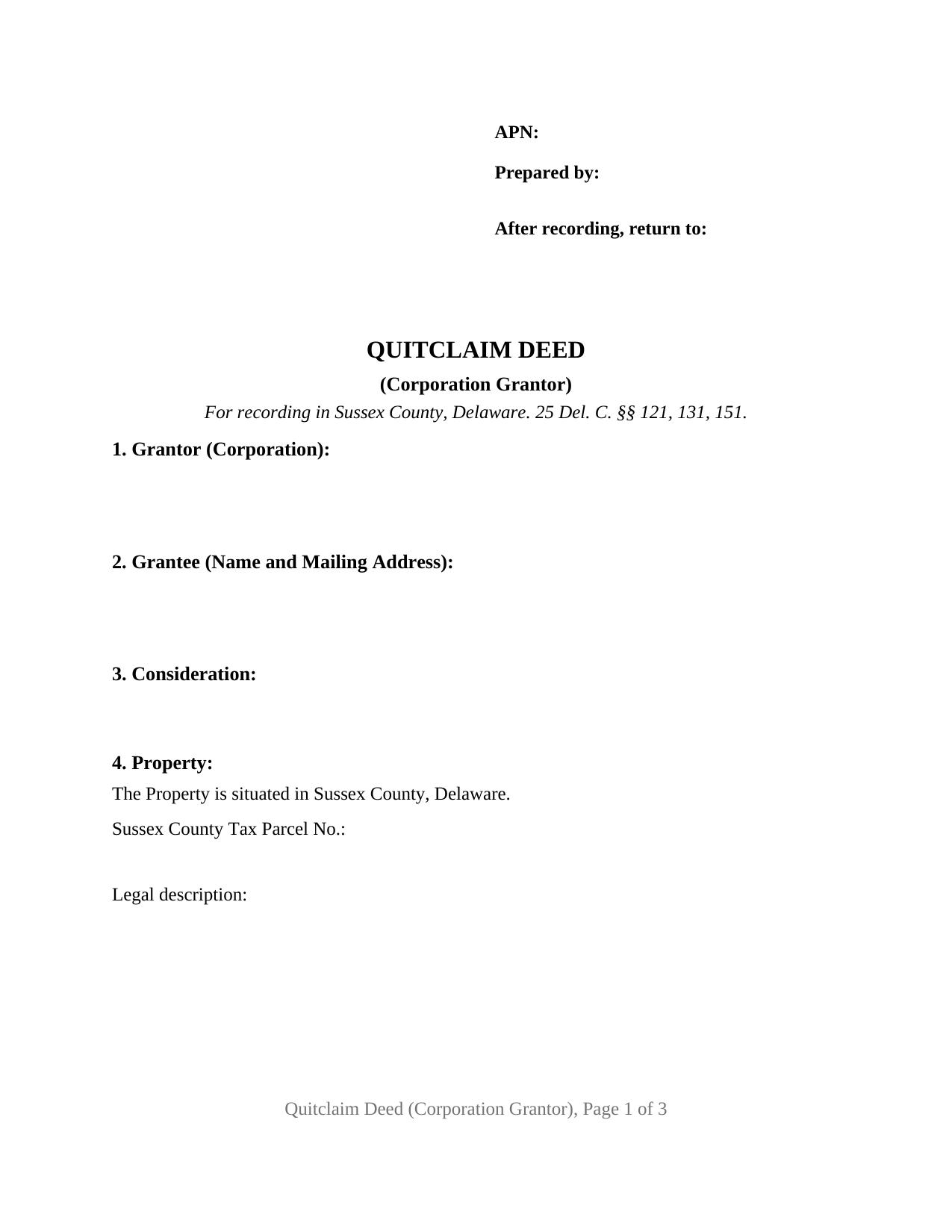 Sussex County Sussex County Quitclaim Deed (Corporation Grantor) Form