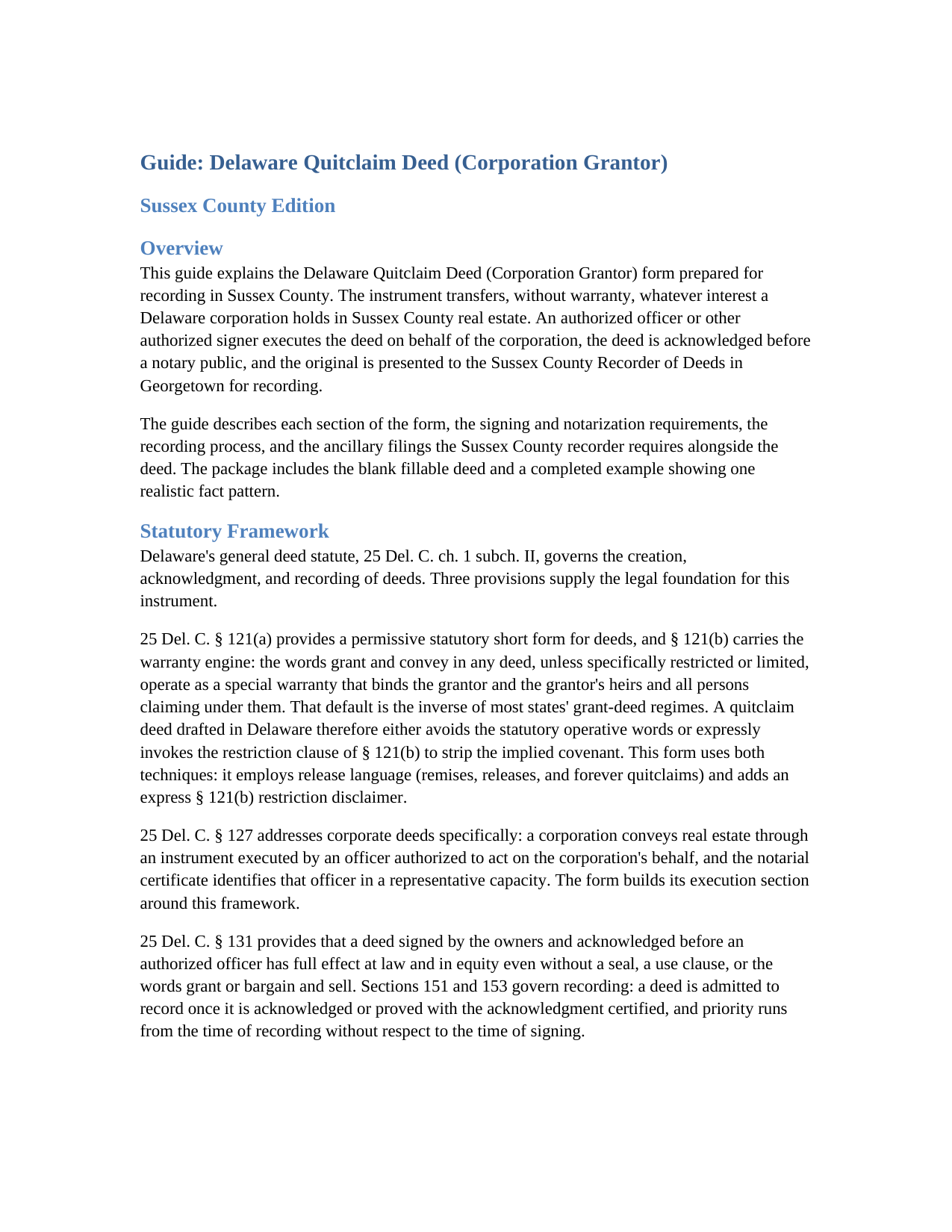 Sussex County Sussex County Quitclaim Deed (Corporation Grantor) Guide
