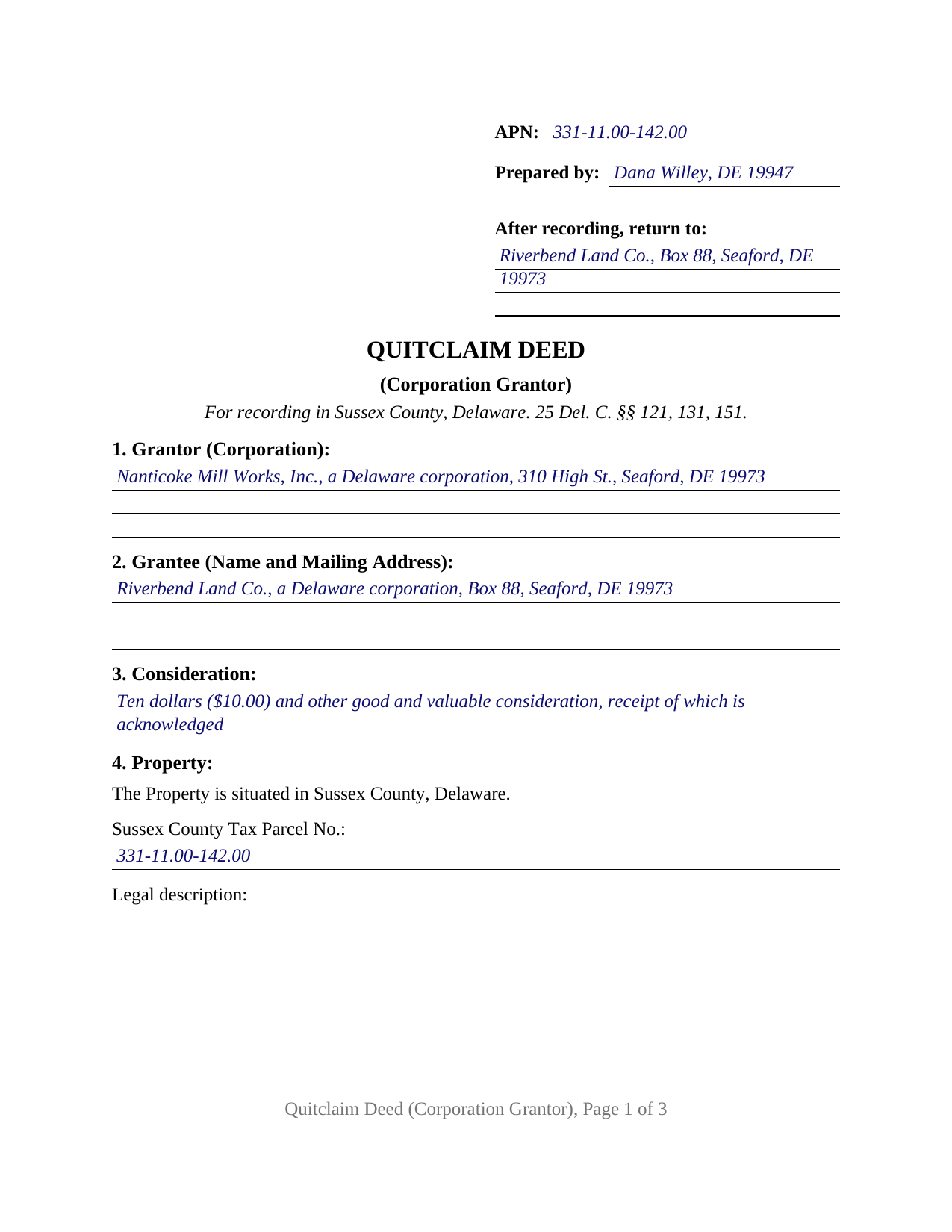 Sussex County Sussex County Completed Example of the Quitclaim Deed (Corporation Grantor) Document