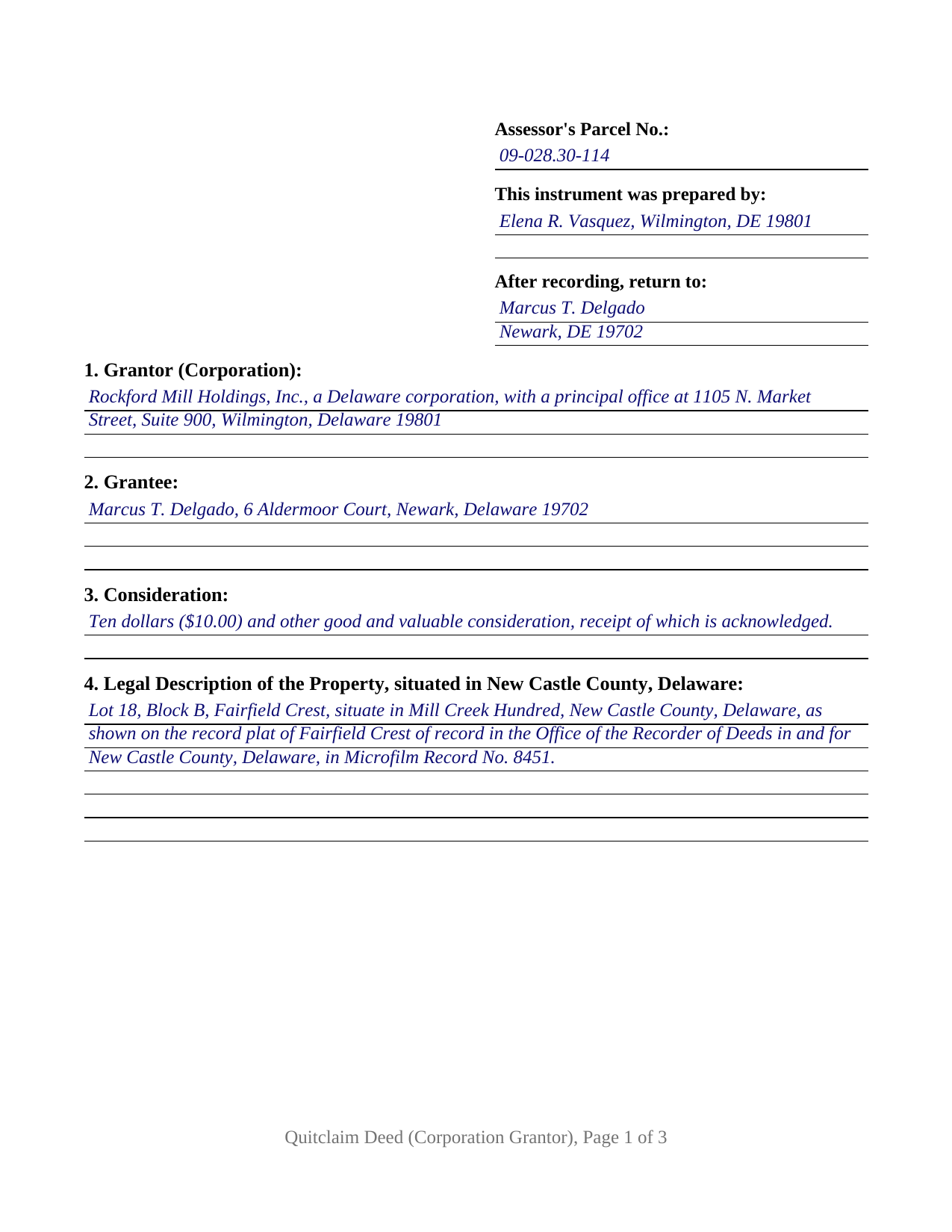 New Castle County New Castle County Completed Example of the Quitclaim Deed (Corporation Grantor) Document