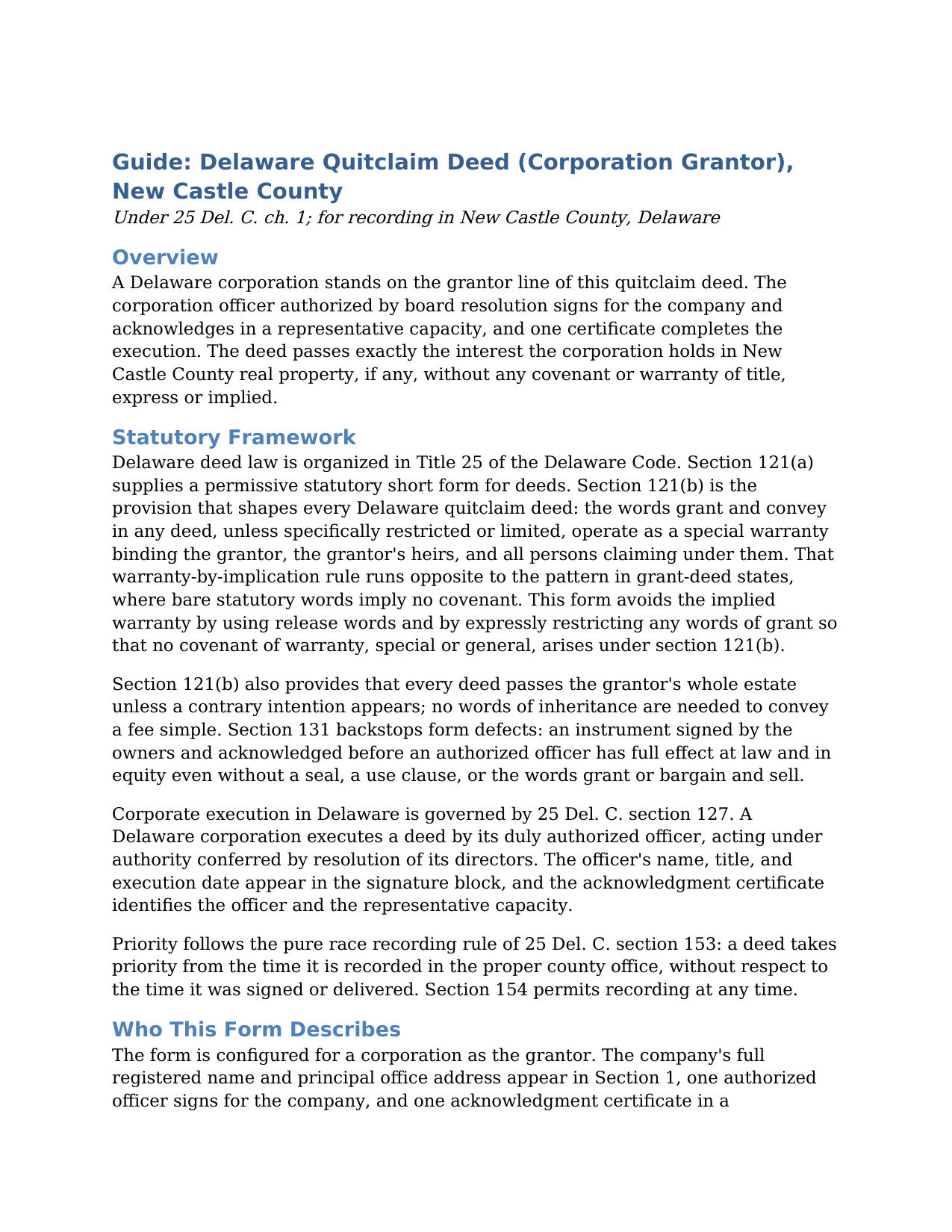New Castle County New Castle County Quitclaim Deed (Corporation Grantor) Guide
