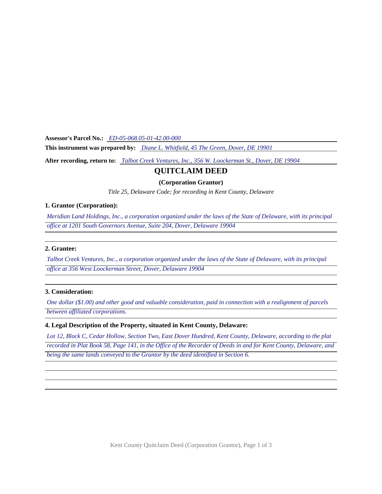 Kent County Kent County Completed Example of the Quitclaim Deed (Corporation Grantor) Document