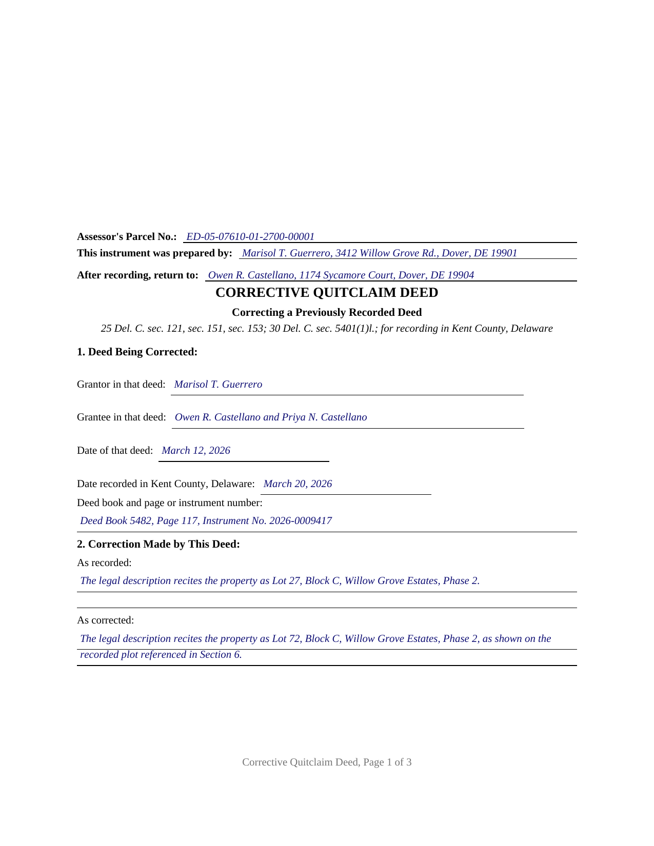 Kent County Kent County Completed Example of the Quitclaim Deed (Corrective) Document