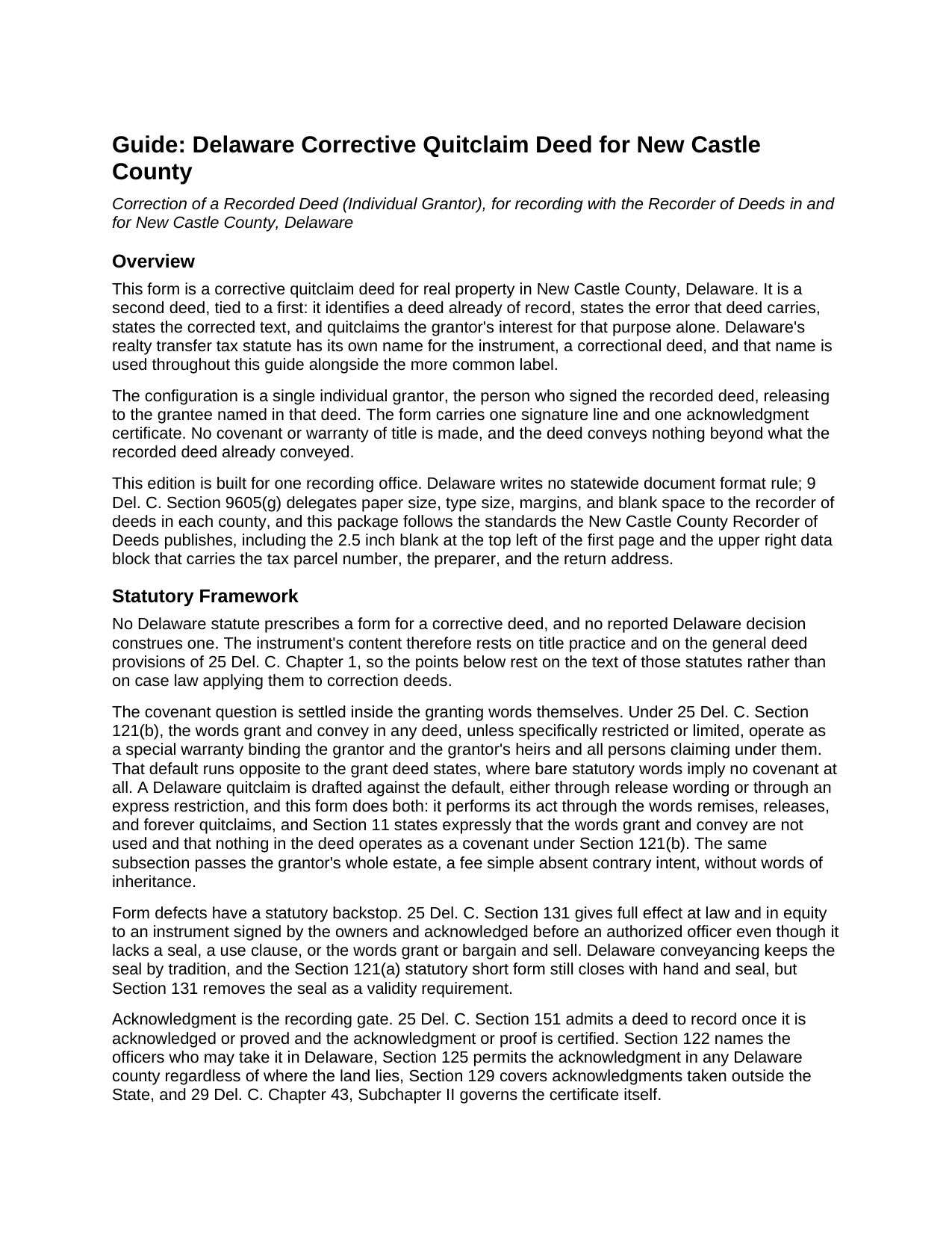 New Castle County New Castle County Quitclaim Deed (Corrective) Guide
