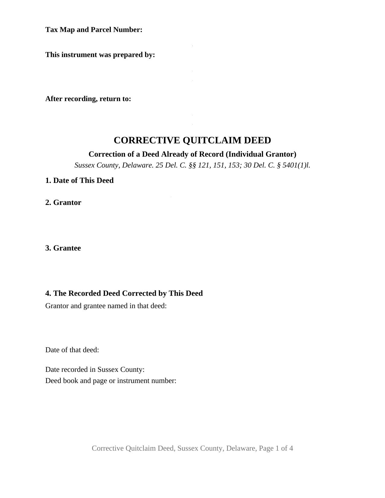 Sussex County Sussex County Quitclaim Deed (Corrective) Form