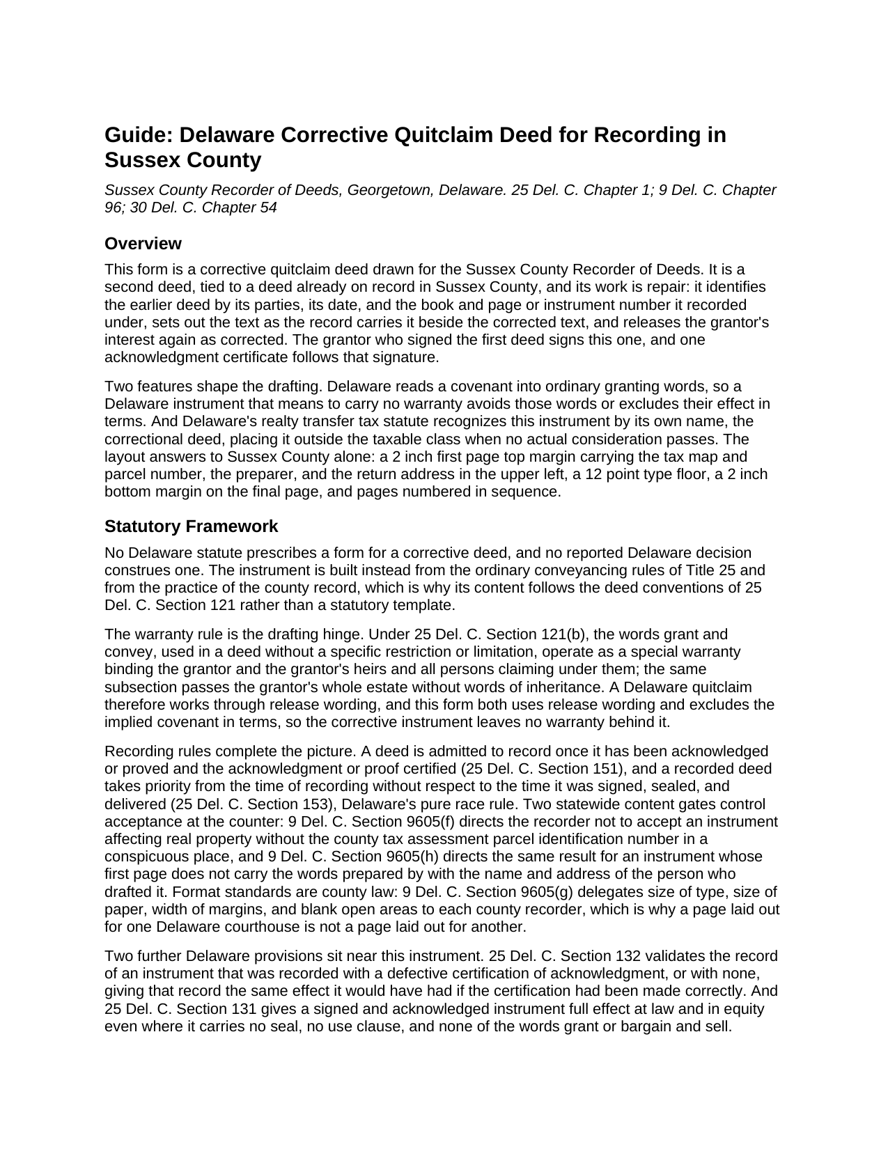 Sussex County Sussex County Quitclaim Deed (Corrective) Guide