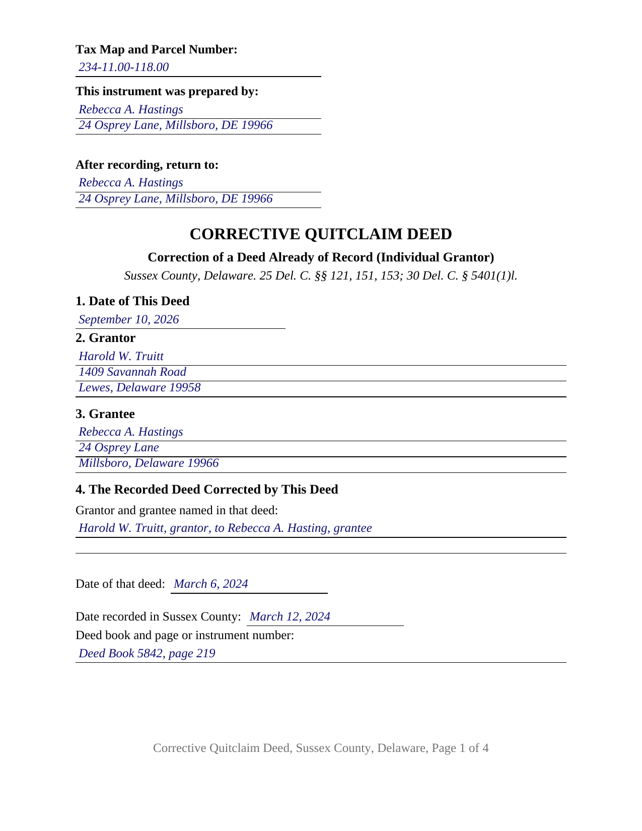Sussex County Sussex County Completed Example of the Quitclaim Deed (Corrective) Document