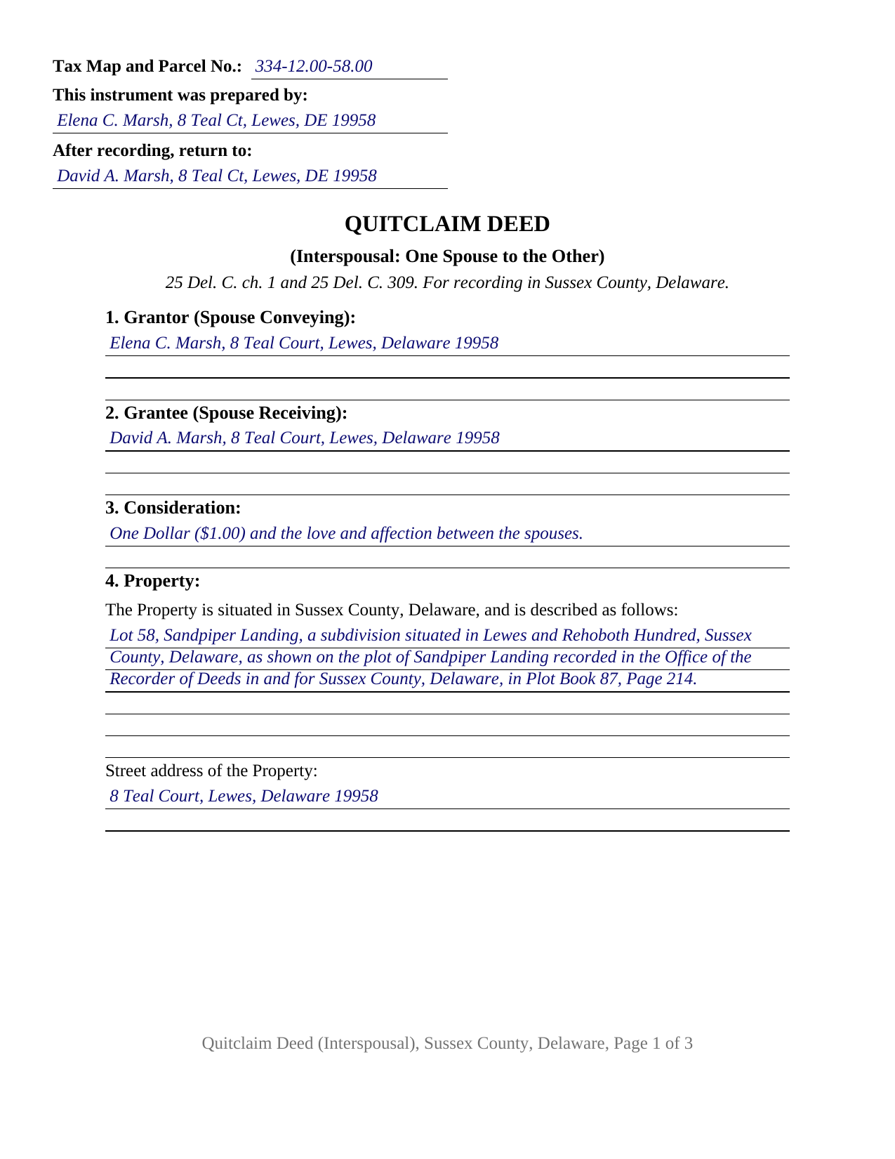 Sussex County Sussex County Completed Example of the Quitclaim Deed (Interspousal) Document