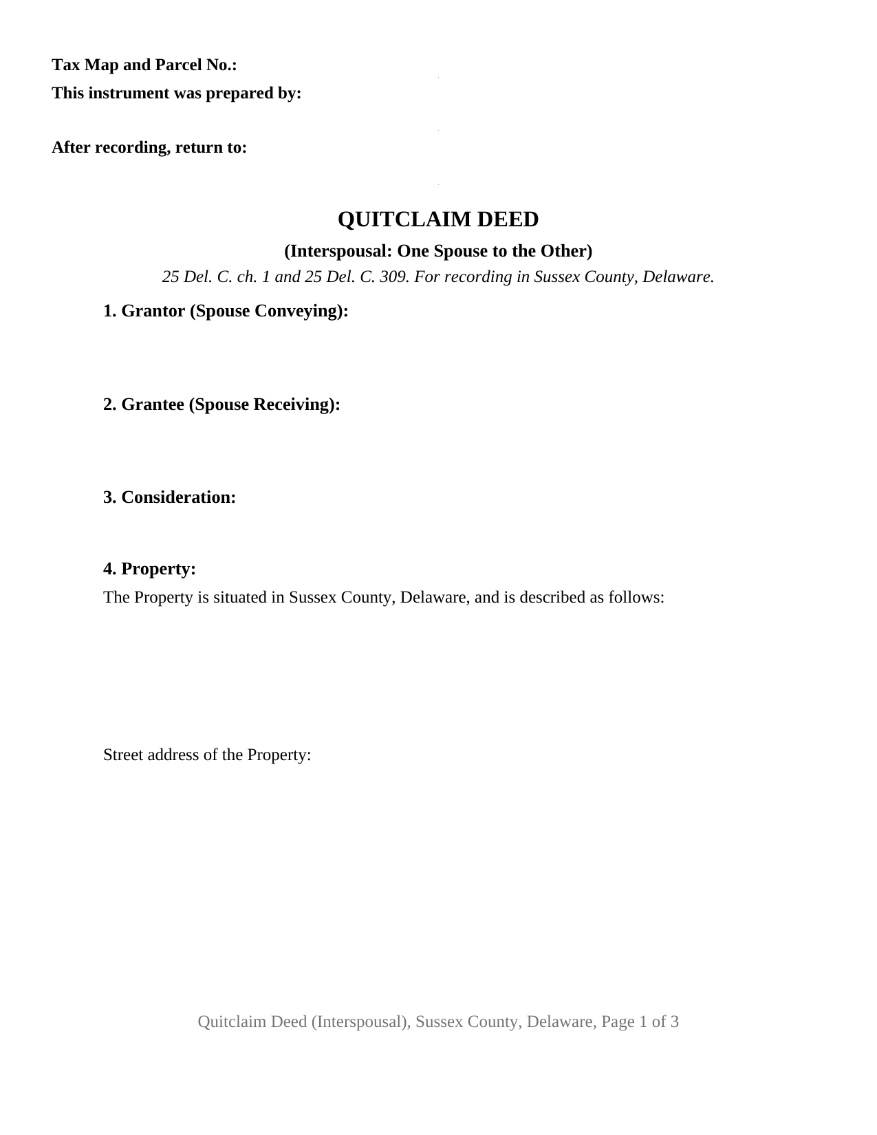 Sussex County Sussex County Quitclaim Deed (Interspousal) Form