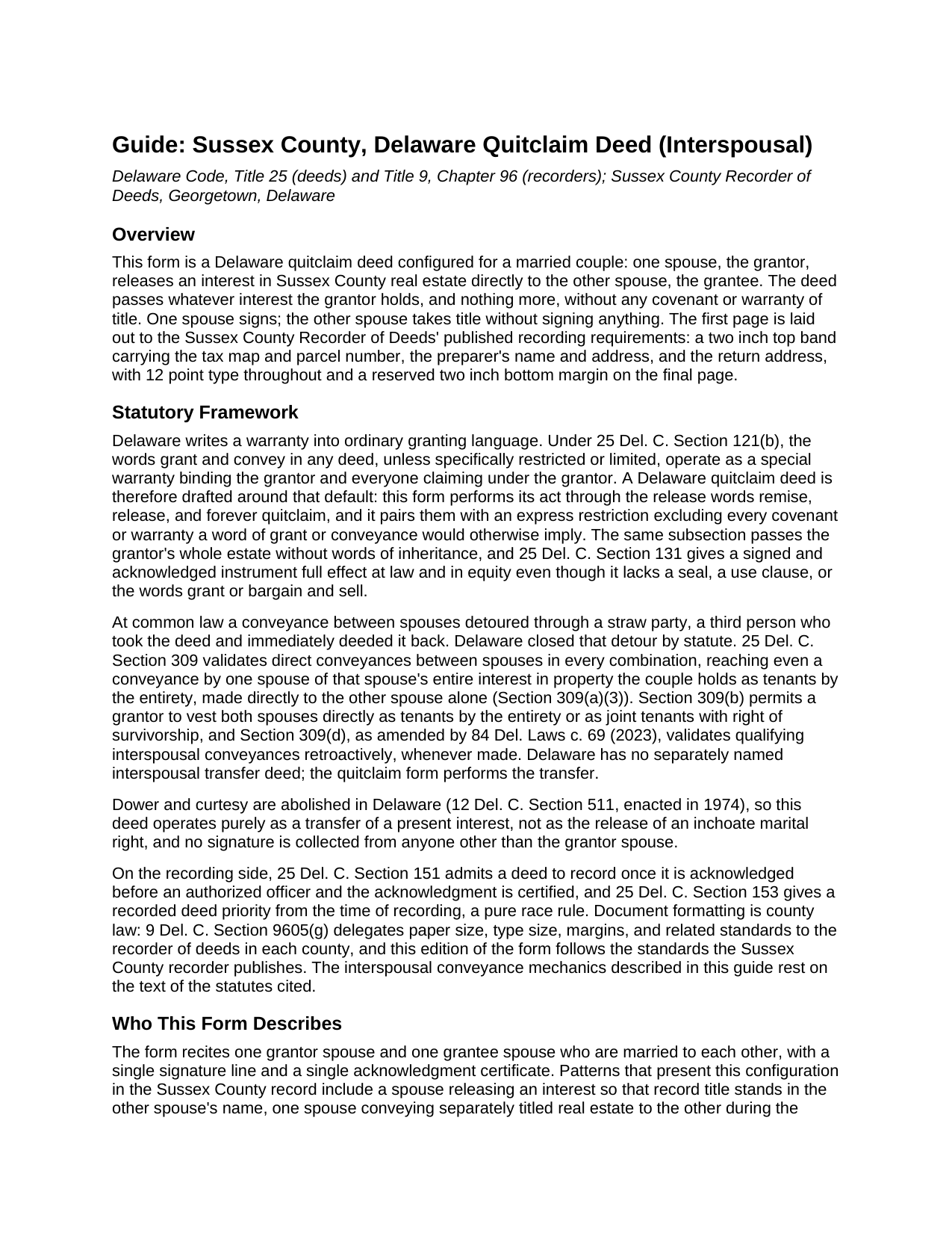Sussex County Sussex County Quitclaim Deed (Interspousal) Guide