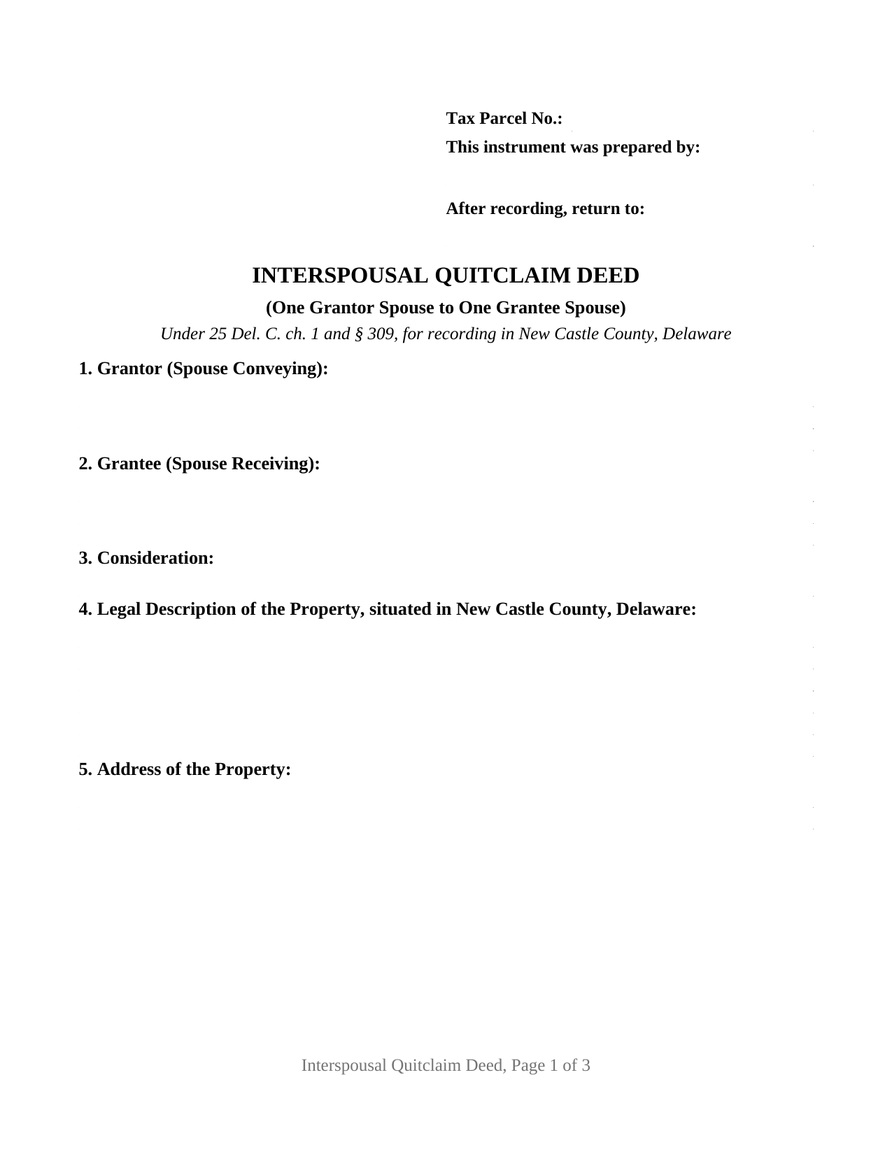 New Castle County New Castle County Quitclaim Deed (Interspousal) Form